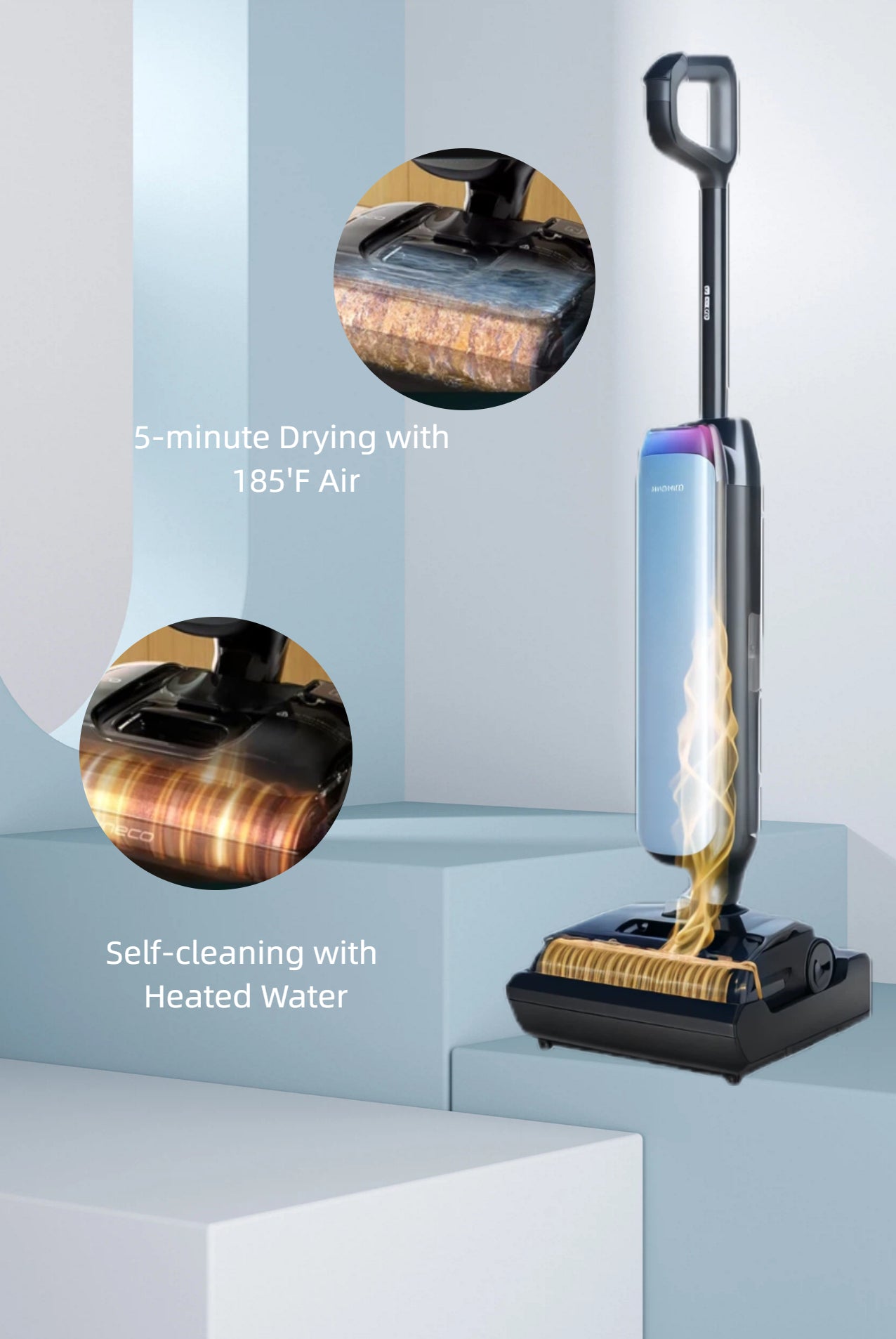 A detailed look at the Tineco FLOOR ONE S9's Flashdry self-cleaning system, which uses heated water to clean the brush roller and 185°F hot air for a 5-minute drying cycle.