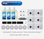 Cleaning product set with cleaning liquid, side brush, dust bag, filters, and roller brush on a white background.