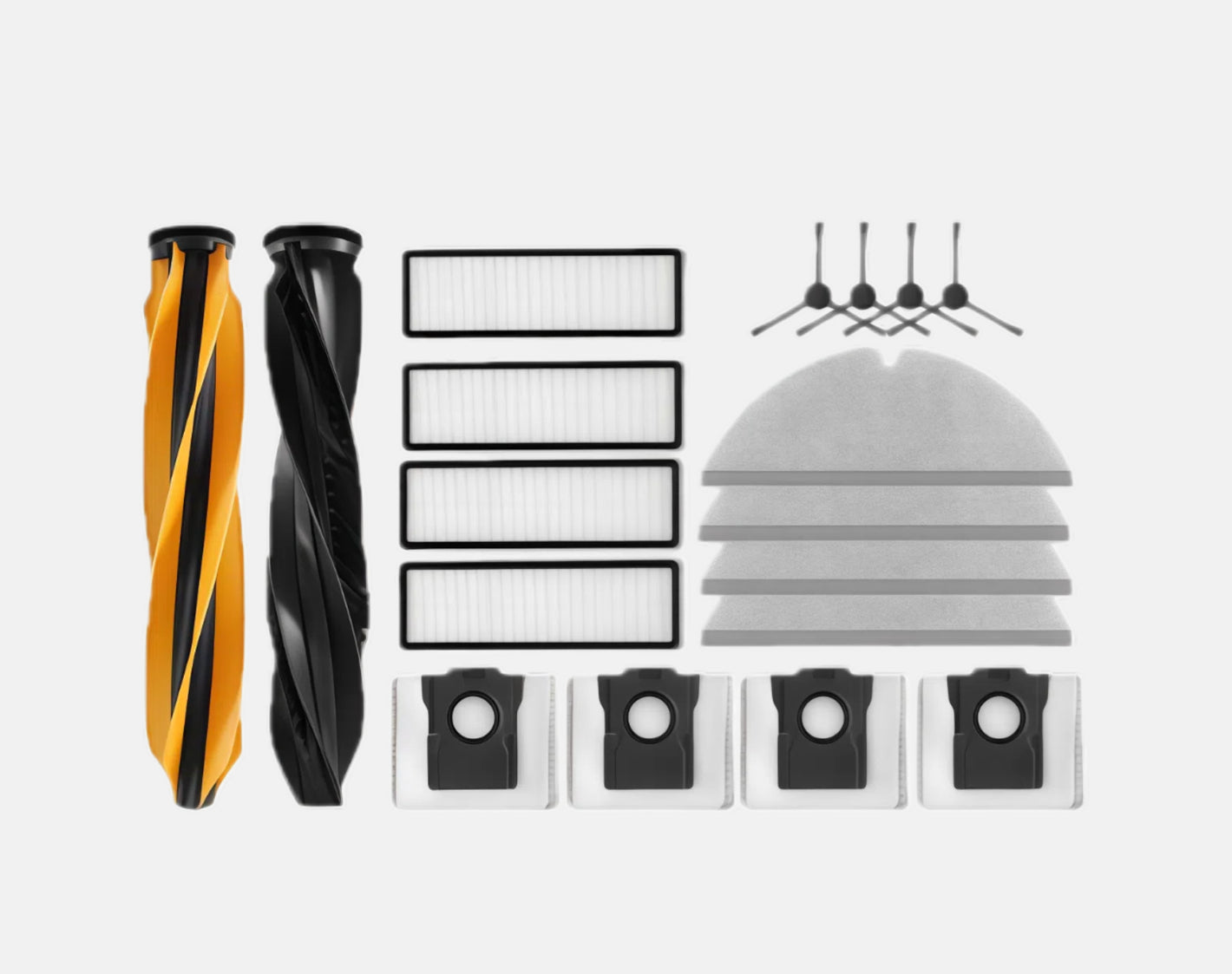 Complete replacement parts kit for a cleaning device including brushes, filters, and cloths on a white background.