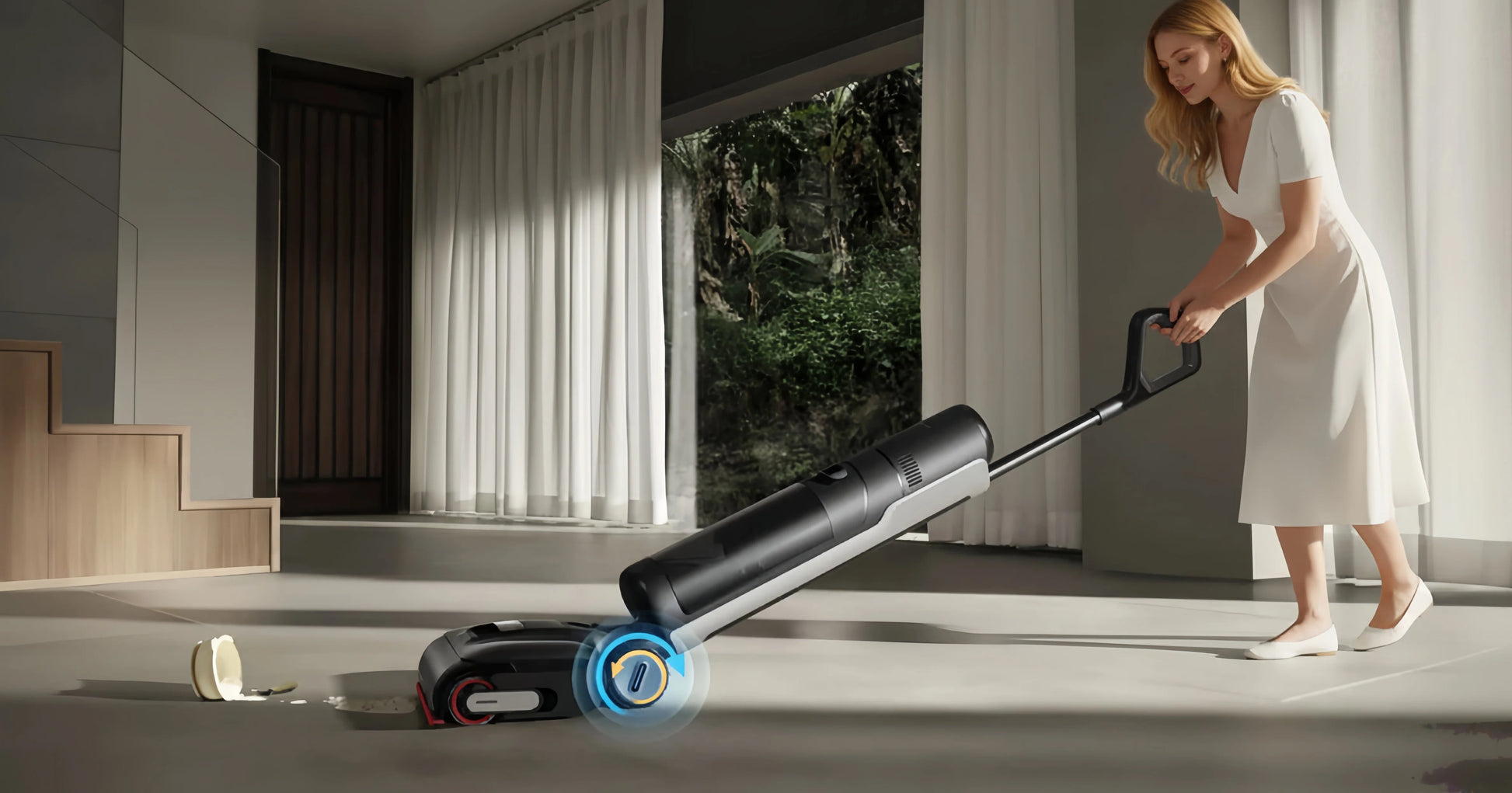 A woman in a white dress effortlessly using the maneuverable Dreame H15 Pro wet and dry vacuum to clean up a spilled egg and broken shell from a concrete-style floor in a bright, modern home.