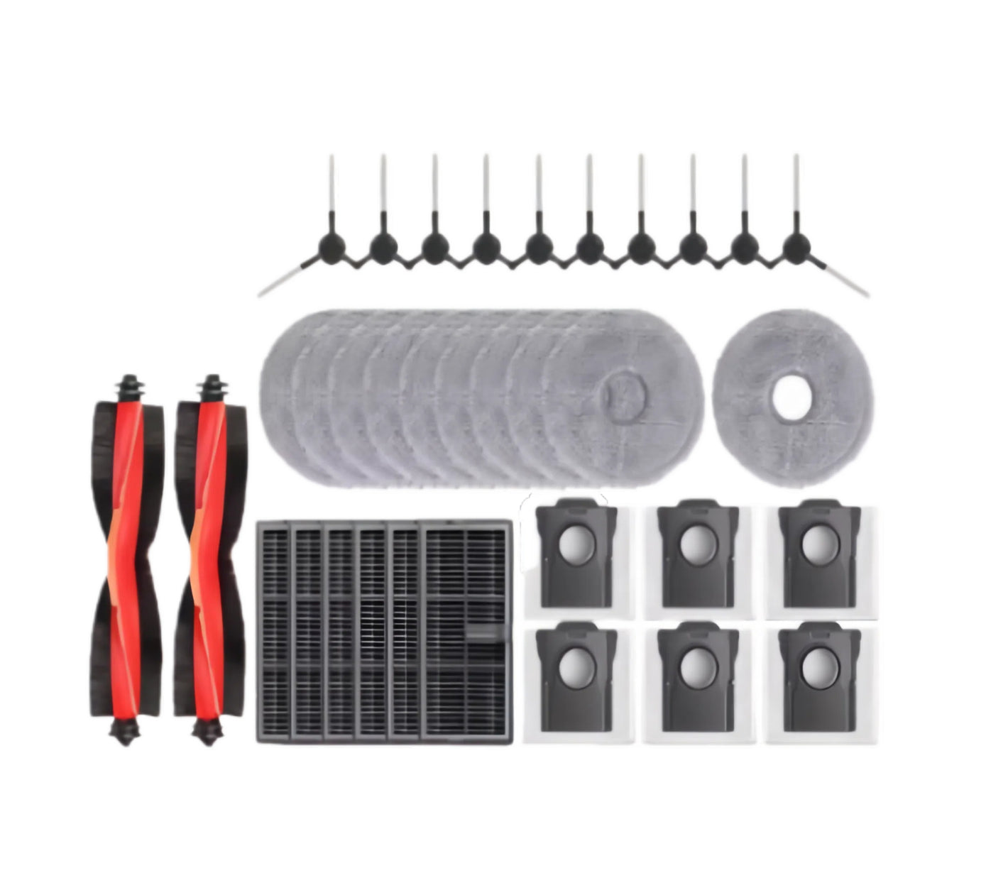 Complete replacement parts kit for a cleaning device including brushes, filters, and cloths on a white background.