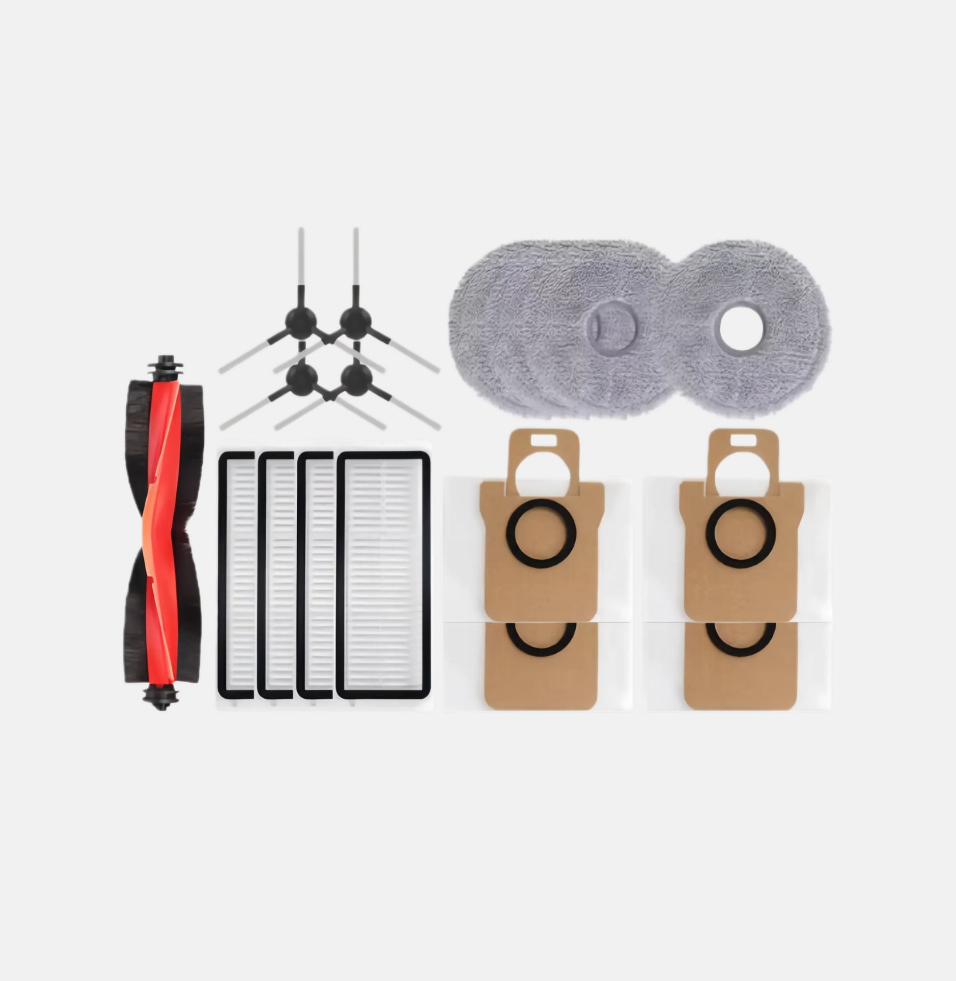 Complete replacement parts kit for a cleaning device including brushes, filters, and cloths on a white background.