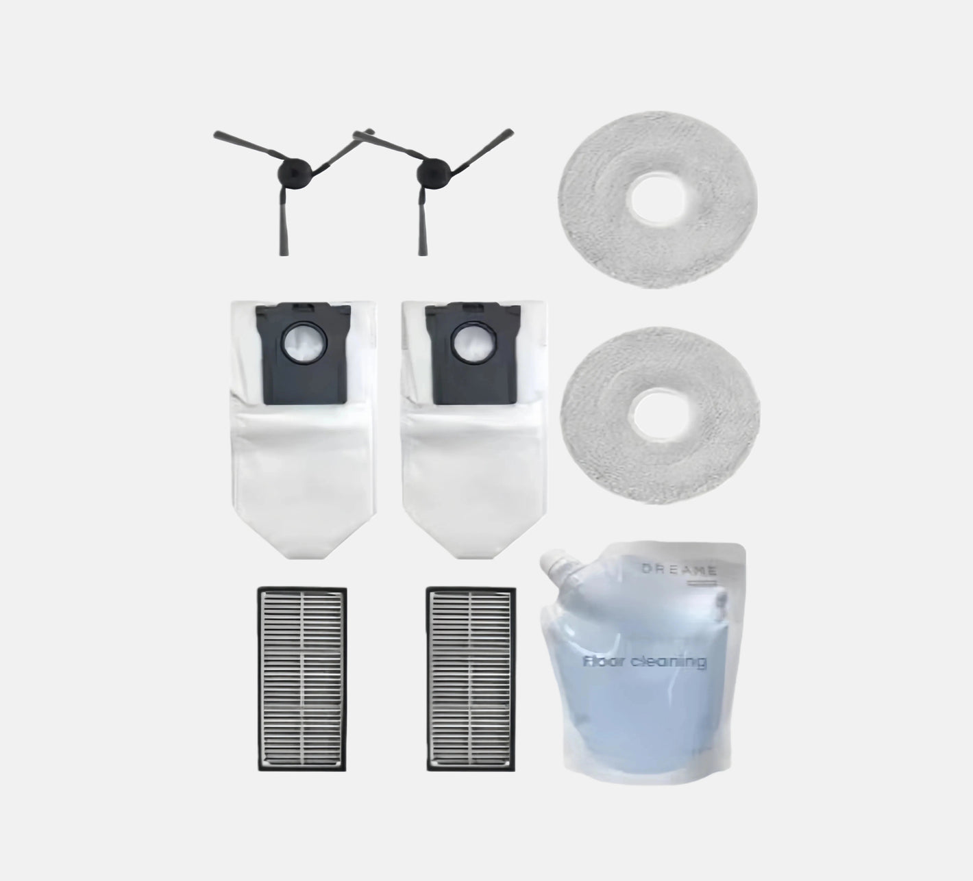 Complete replacement parts kit for a cleaning device including brushes, filters, and cloths on a white background.