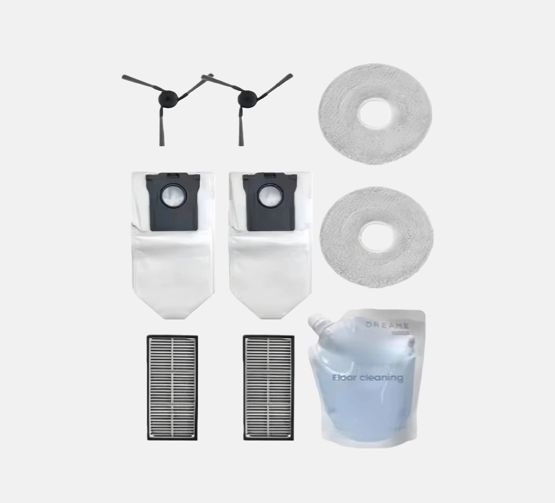 Complete replacement parts kit for a cleaning device including brushes, filters, and cloths on a white background.