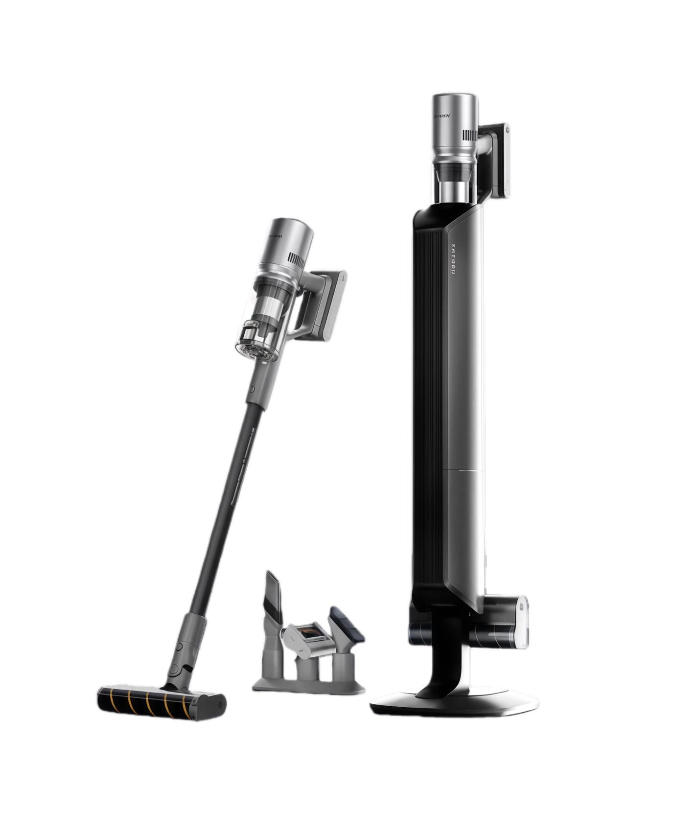 A clean, studio product shot of the Dreame Z10 Station cordless stick vacuum, its all-in-one self-emptying charging station, and the separate accessory storage holder on a white background