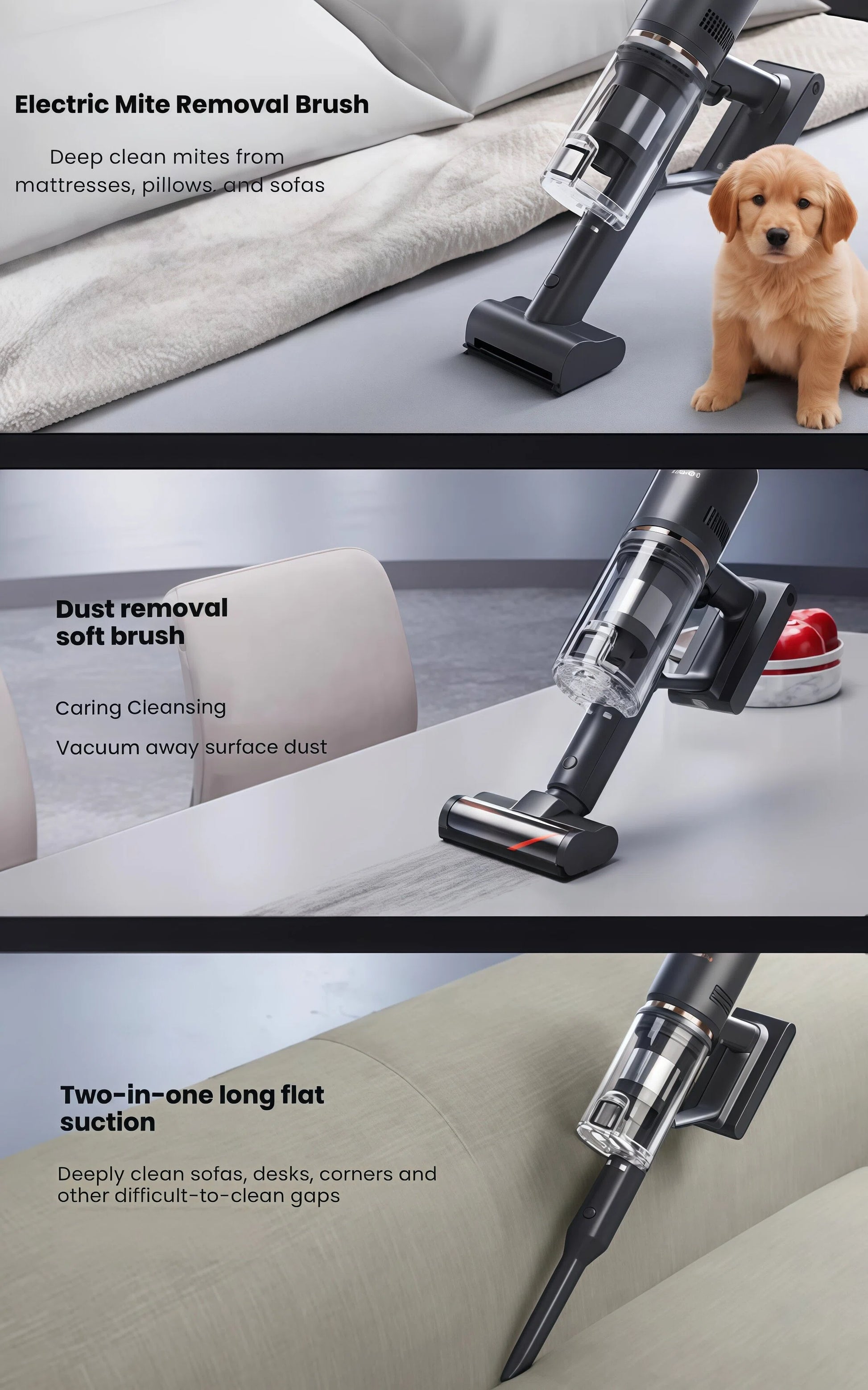 A collage showing the specialized attachments of the Dreame Z20 Station in use. The top panel shows the Electric Mite Removal Brush cleaning a mattress. The middle shows the Dust Removal Soft Brush on a tabletop. The bottom shows the Two-in-one Long Flat Suction tool cleaning sofa crevices.