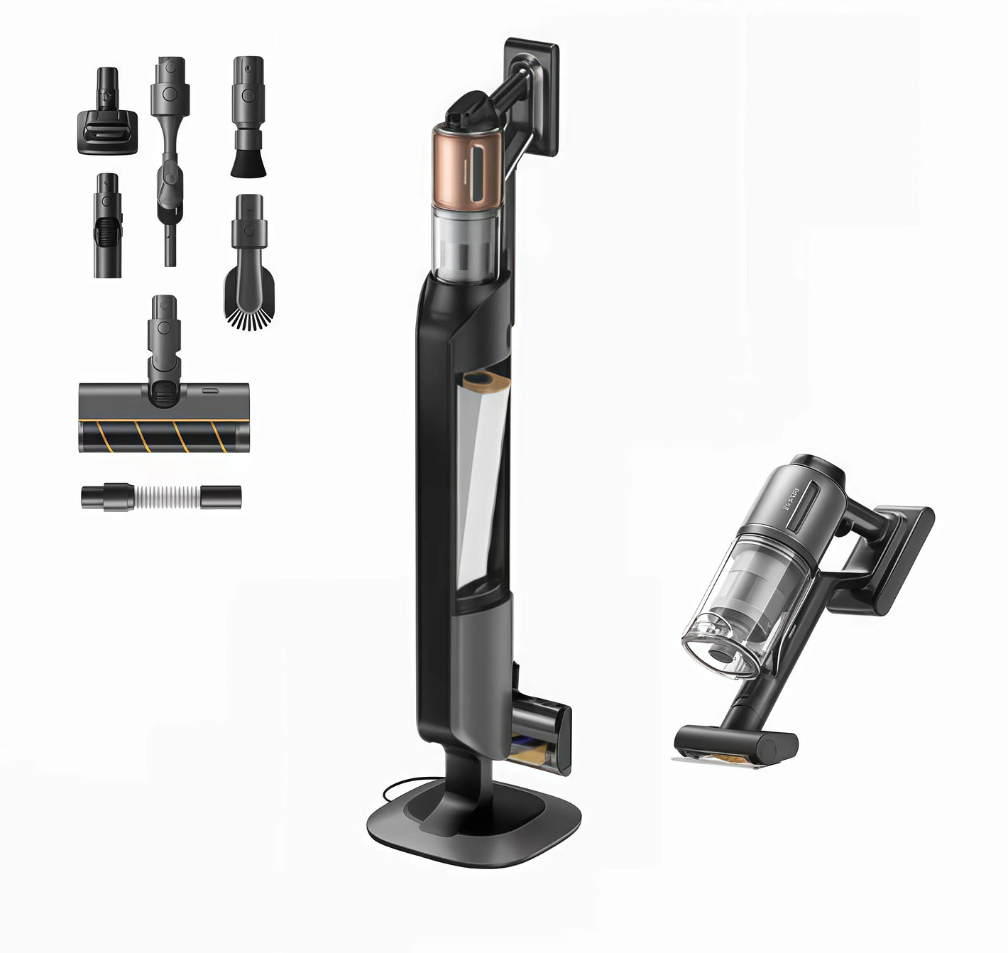 An overview of the Dreame Z20 Station system. It features a cutaway view of the self-emptying and charging station, the main handheld vacuum unit, and a display of all included brush heads and cleaning accessories.