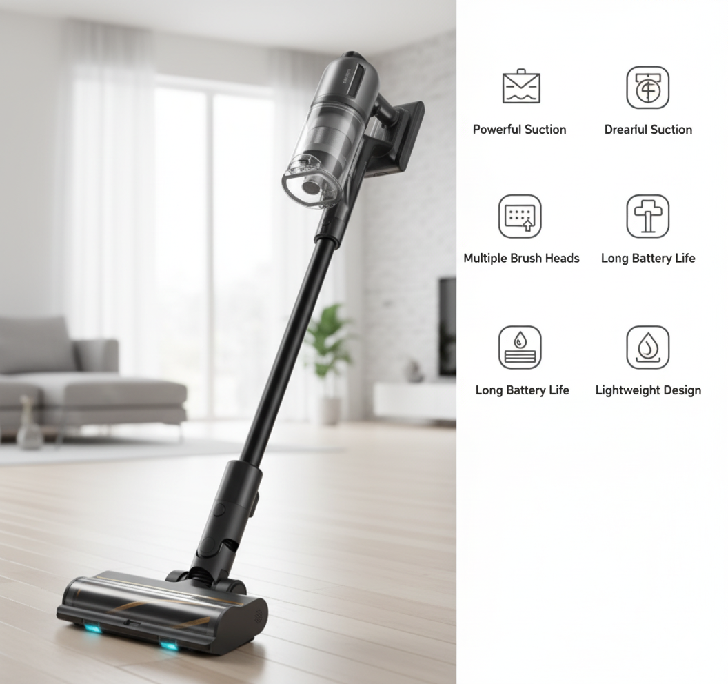 A close-up shot of the Dreame Z30 Station cordless vacuum's main unit, highlighting its sleek design. To the right, icons represent its key features: Powerful Suction, Multiple Brush Heads, Long Battery Life, and Lightweight Design.