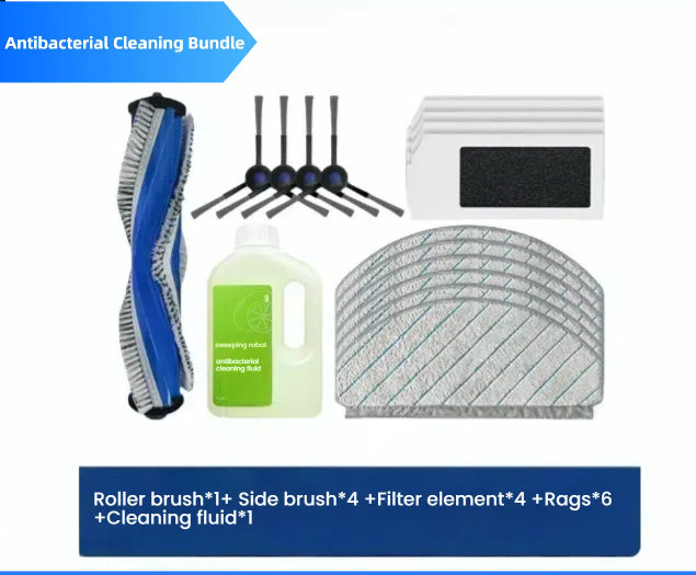 Antibacterial cleaning bundle with roller brush, side brush, filter element, rags, and cleaning fluid on a white background.