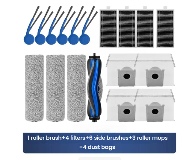 Ecovacs cleaning tool kit with roller brush, filters, side brushes, roller mops, and dust bags on a white background.