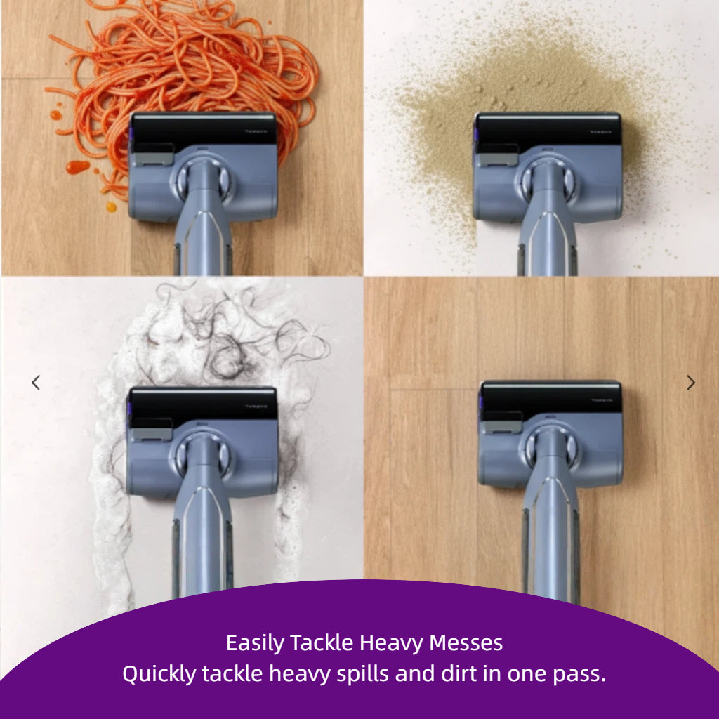 A four-panel image showcasing the Narwal S20 Pro's powerful cleaning performance on various heavy messes, including spaghetti, sand, pet hair in foam, and dirt on a wooden floor, proving it can quickly tackle spills and dirt in one pass.