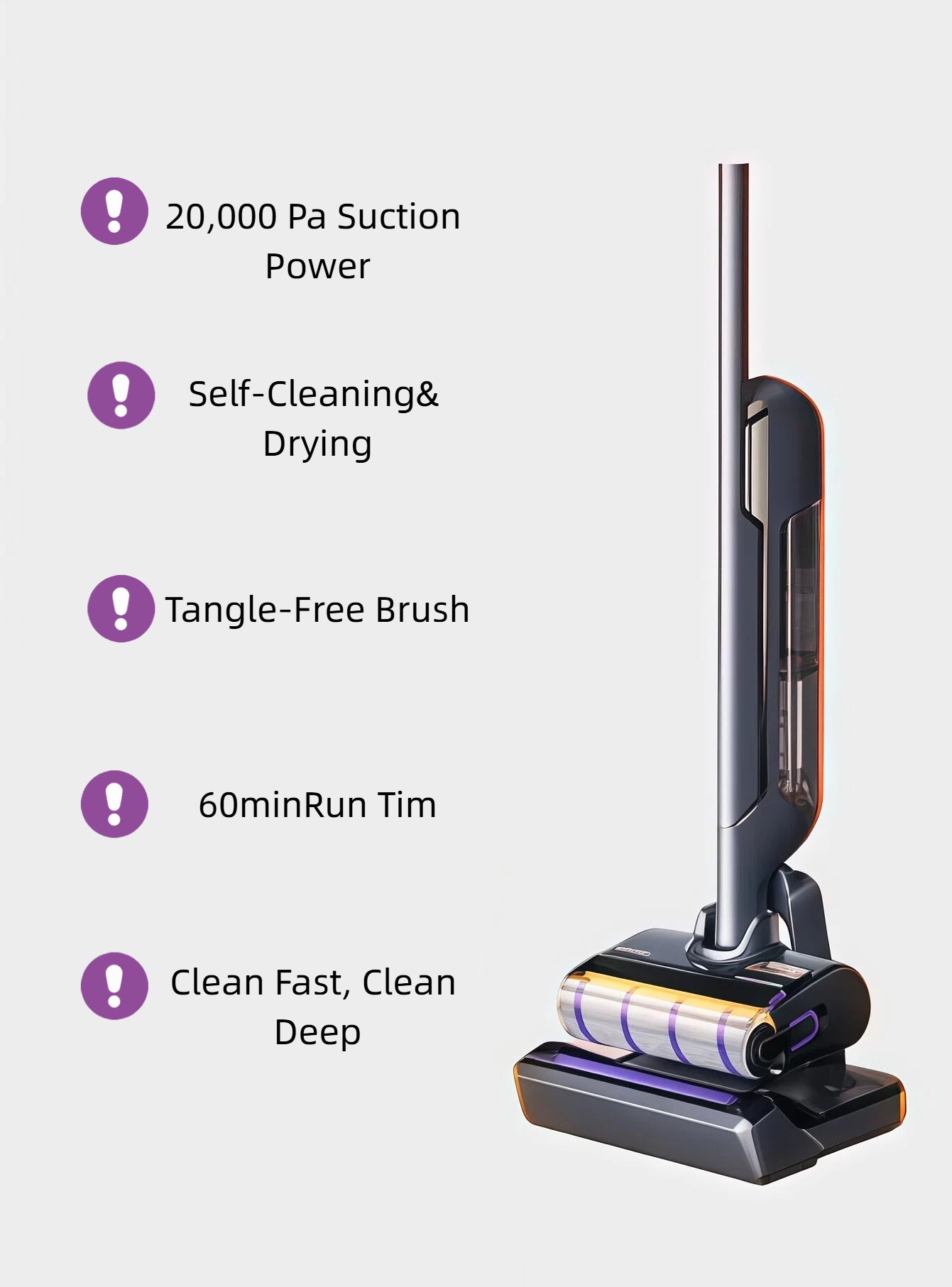 A sleek Narwal S20 Pro wet and dry vacuum cleaner highlighting its main features: 20,000 Pa suction power, self-cleaning and drying function, a tangle-free brush, 60-minute runtime, and its ability to clean fast and deep.