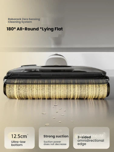 A close-up of the Roborock F25 RT's brush head, demonstrating its 180-degree all-round lay-flat design for cleaning under low furniture and its 3-sided omnidirectional edge cleaning capability.