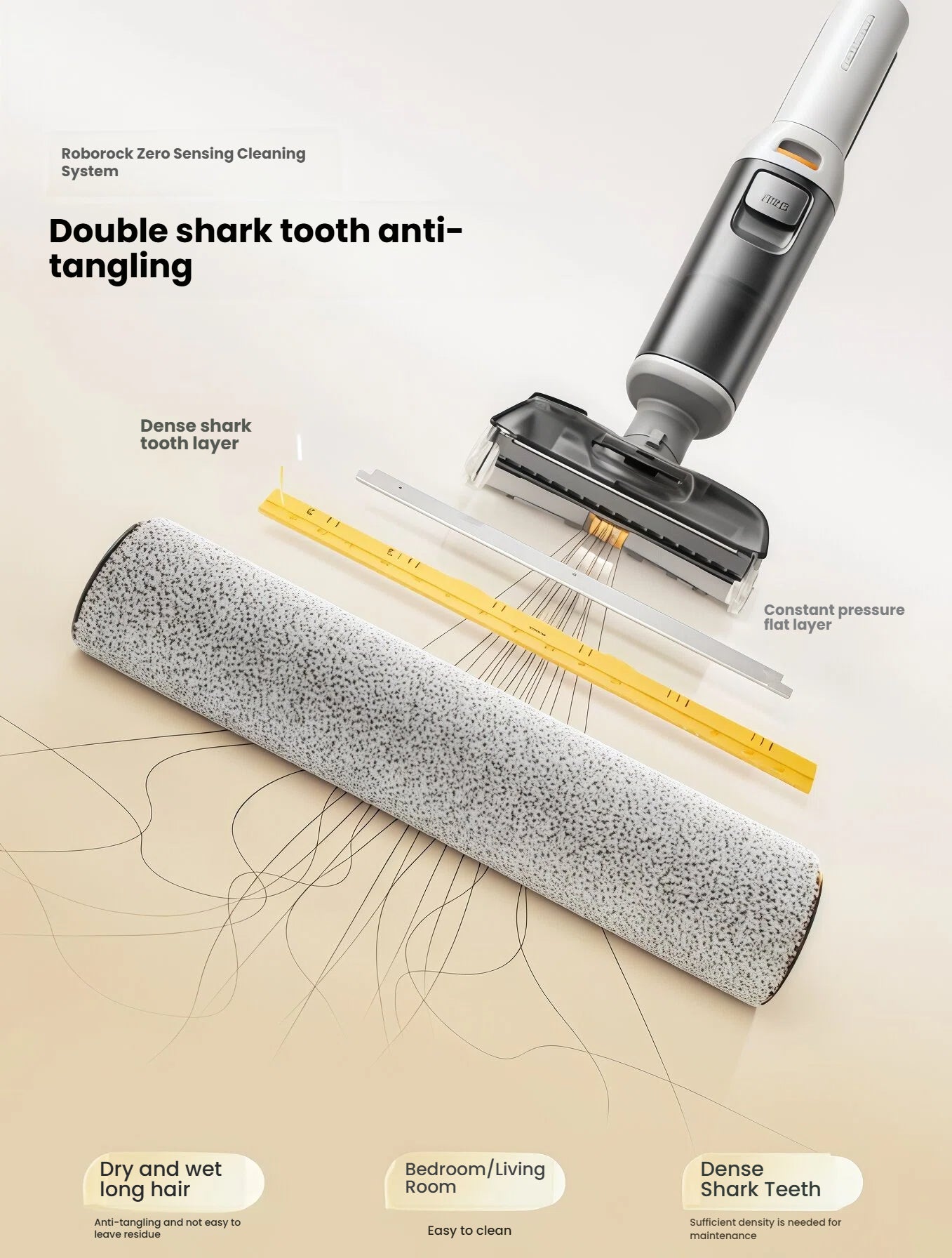 A detailed exploded view of the Roborock F25 RT's Double Shark Tooth anti-tangle brush, designed to prevent both wet and dry long hair from tangling during cleaning