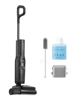 The Roborock F25 Ultra floor scrubber displayed with its standard accessories, including a cleaning brush, a 200ml bottle of Roborock floor cleaning solution, and a replaceable filter.