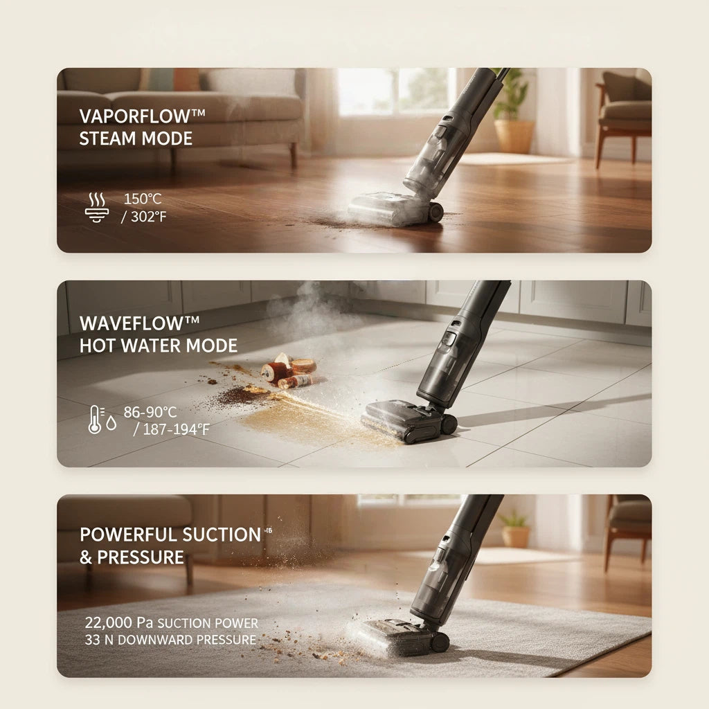 A feature breakdown of the Roborock F25 Ultra's three cleaning modes: VaporFlow™ Steam Mode at 150°C, WaveFlow™ Hot Water Mode for tough stains, and Powerful Suction mode with 22,000 Pa suction power.