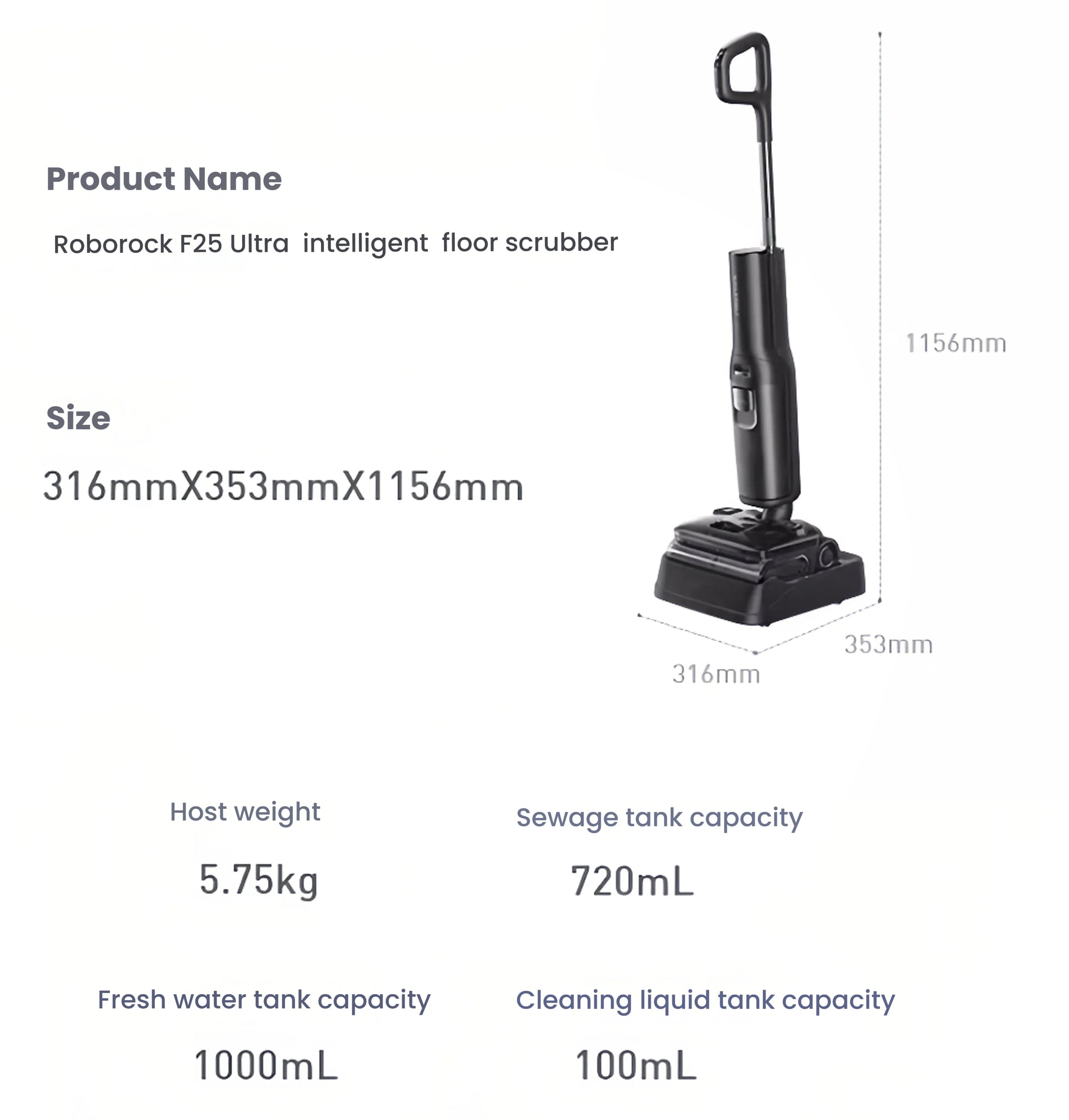 A detailed specification sheet for the Roborock F25 Ultra intelligent floor scrubber, listing its dimensions, weight at 5.75kg, and capacities for its fresh water, sewage, and cleaning liquid tanks.