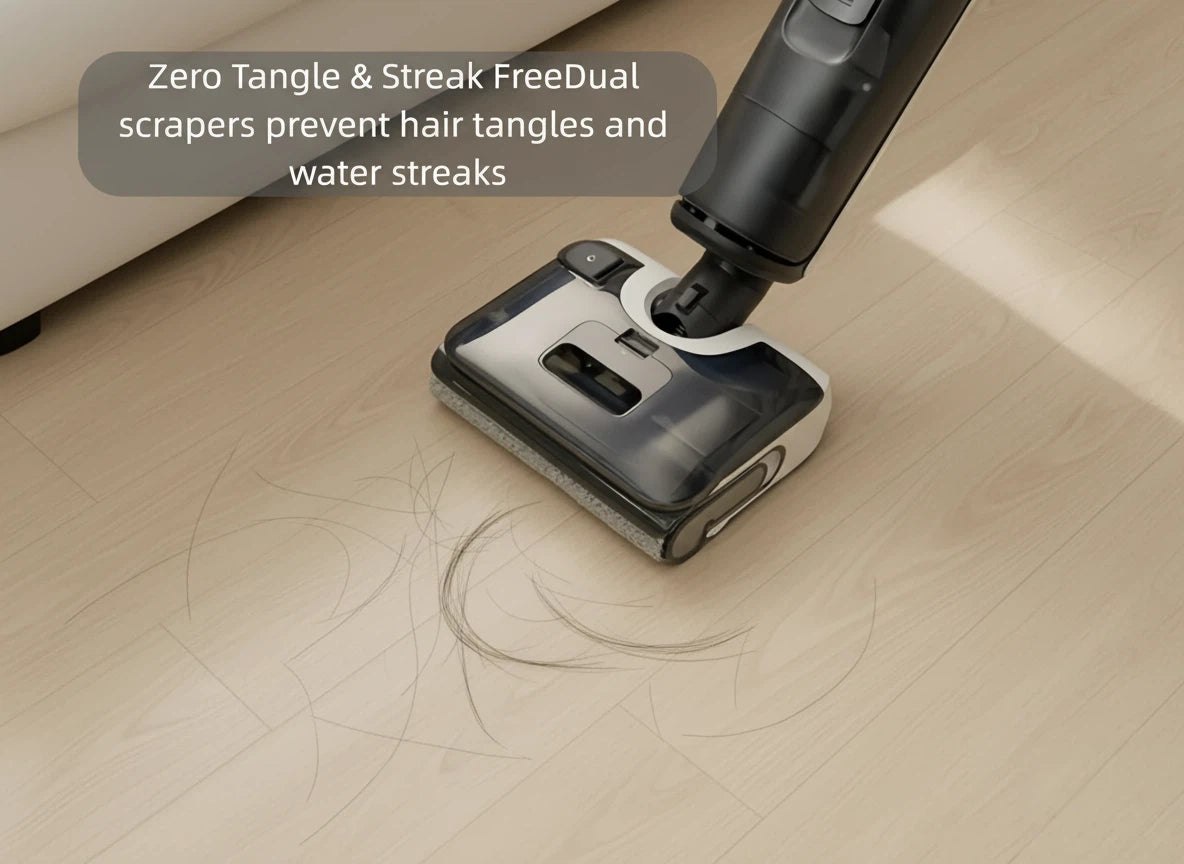 The head of the Roborock F25 vacuum cleaning hair from a light wood floor, demonstrating the Zero Tangle and Streak-Free performance thanks to its dual scrapers.