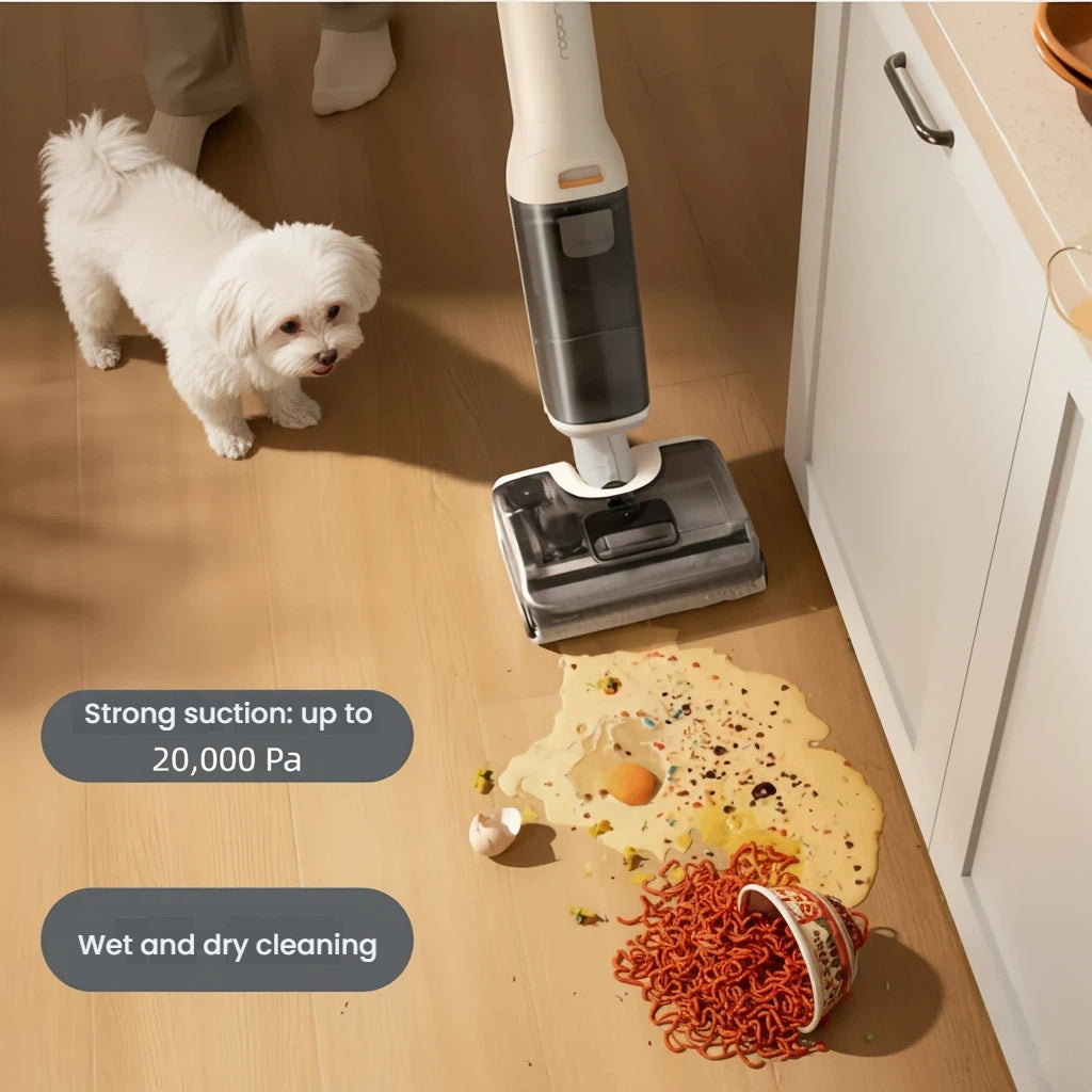 The Roborock F25 showcases its powerful wet and dry cleaning function by tackling a large spill of noodles and a broken egg, with text highlighting its strong suction of up to 20,000 Pa.