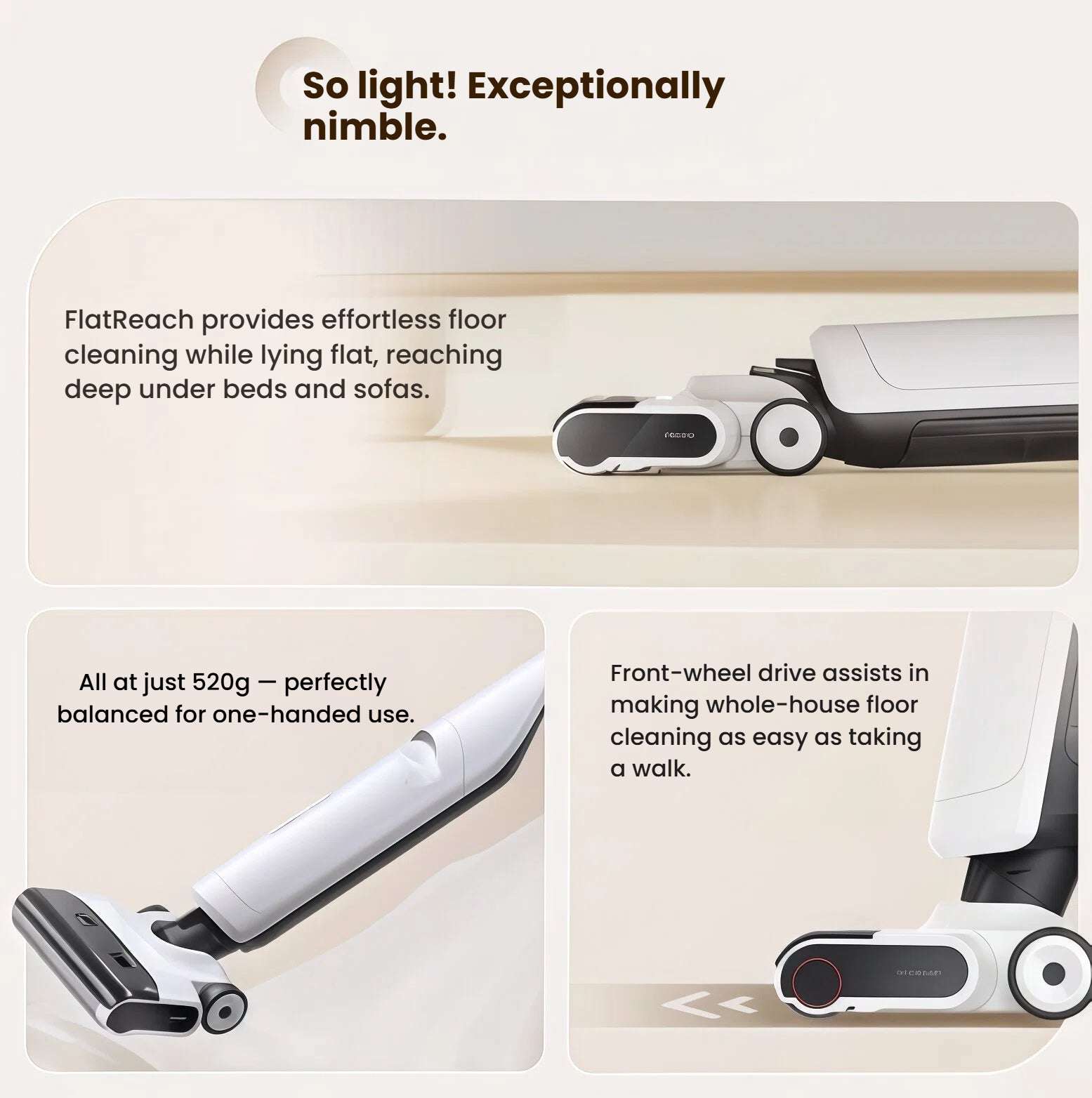 A collage showcasing the Roborock Flexi Lite's key features: FlatReach for cleaning under beds, a lightweight body for one-handed use, and front-wheel drive for effortless cleaning.