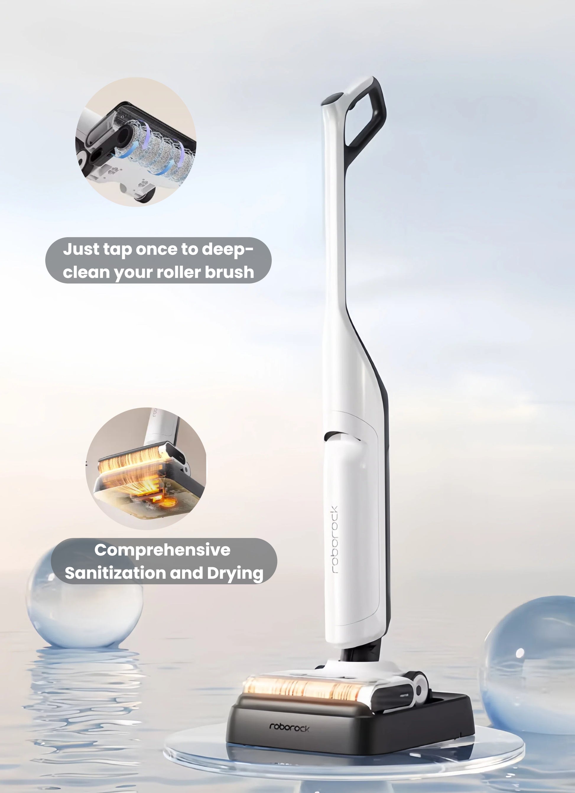 The Roborock Flexi Lite wet dry vacuum on its charging dock, illustrating the one-tap deep cleaning and comprehensive sanitization and hot air drying of the roller brush.