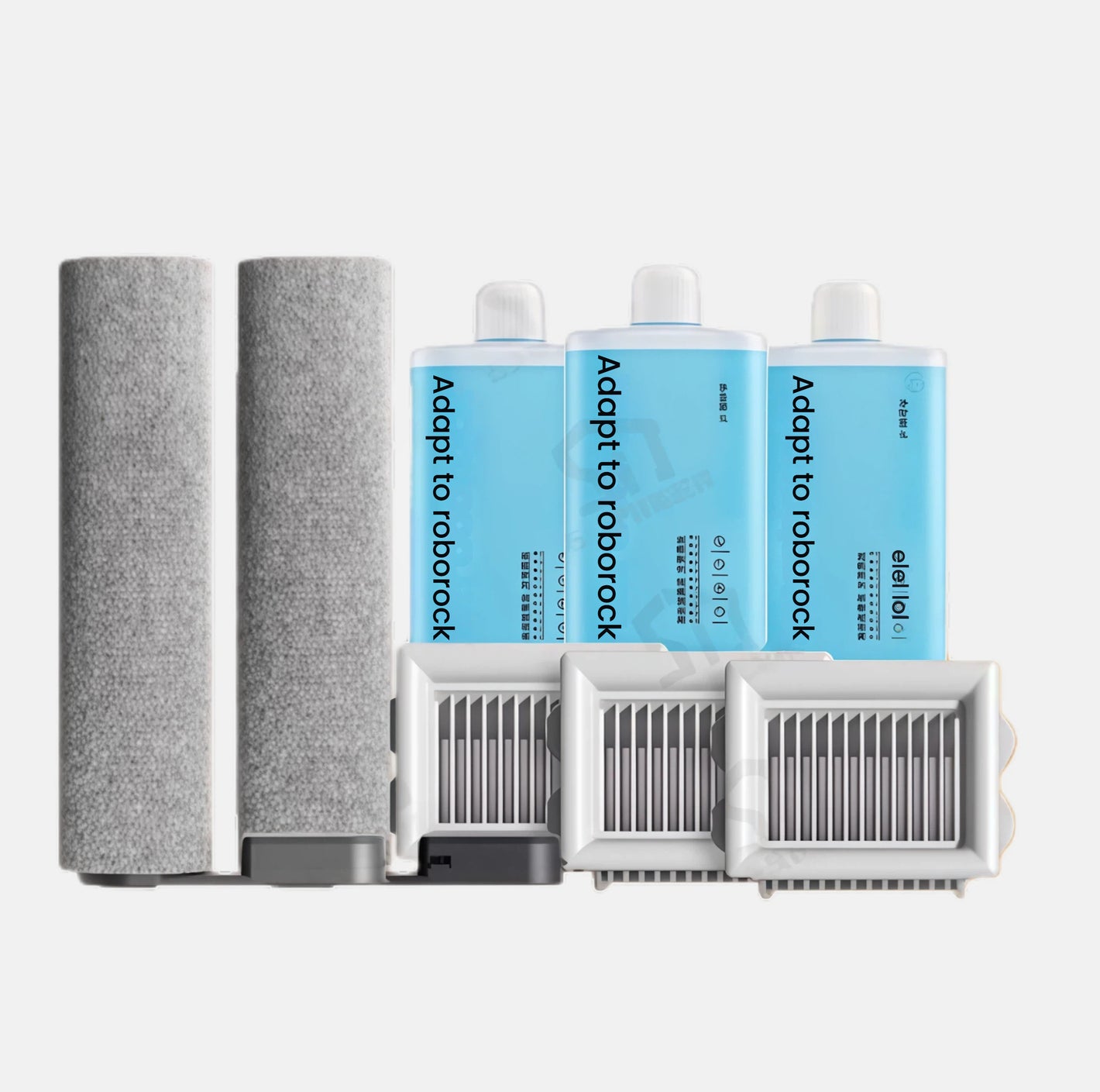 Roborock Flexi Lite and Flexi Pro accessory kit with 2 microfiber roller brushes, 3 HEPA filters, and 3 bottles of Roborock cleaning solution – vacuum replacement parts set.