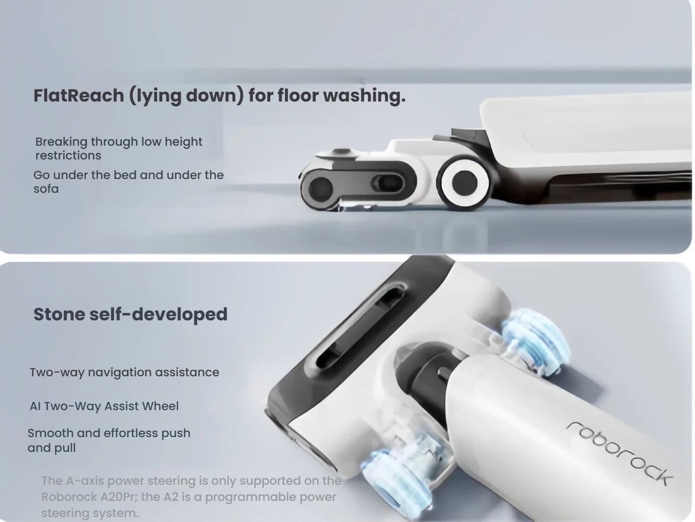A split image showcasing the Roborock Flexi Pro's key maneuverability features: FlatReach™ technology for cleaning under beds and sofas, and the Roborock self-developed two-way assist wheels for smooth, effortless movement.