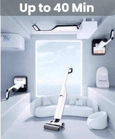 The Roborock Flexi Pro cordless vacuum shown in a modern living space, highlighting its long-lasting battery life of up to 40 minutes for cleaning the entire home on a single charge.