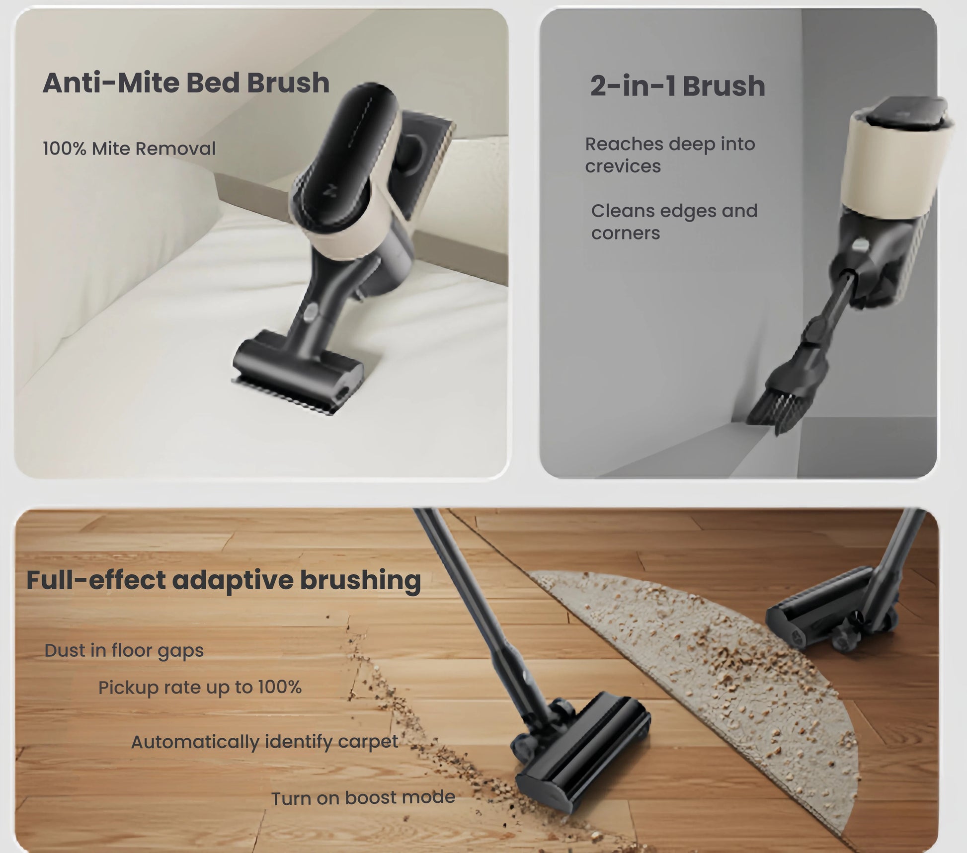 A features collage for the Roborock H5, detailing its specialized Anti-Mite Bed Brush, a versatile 2-in-1 brush for crevices, and the adaptive floor brush that automatically detects carpets to boost suction power.