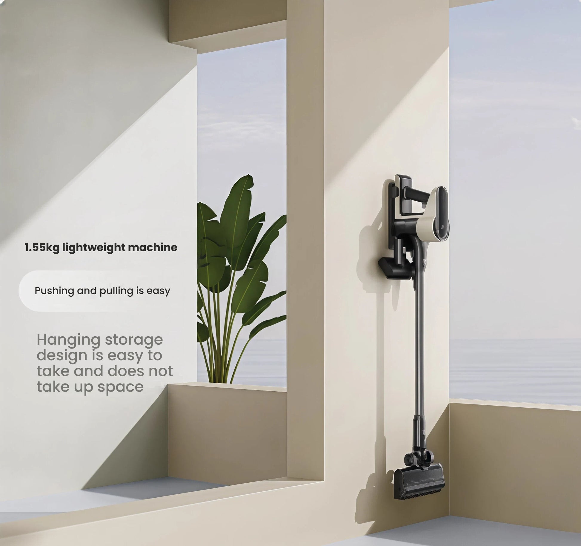 The lightweight 1.55kg Roborock H5 cordless vacuum is shown on its wall-mounted charging dock, highlighting its easy-to-use and space-saving hanging storage design.