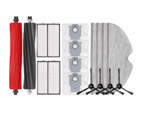 Complete Roborock Q8 Max+ accessory kit including main roller brushes, side brushes, HEPA filters, washable mop pads, and cleaning solution bottles – compatible replacement parts for Roborock Q8 Max+ robot vacuum