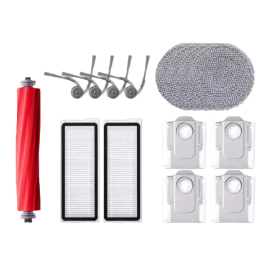 Complete Roborock Qrevo L accessory kit including main roller brushes, side brushes, HEPA filters, washable mop pads, and cleaning solution bottles – compatible replacement parts for Roborock Qrevo L robot vacuum