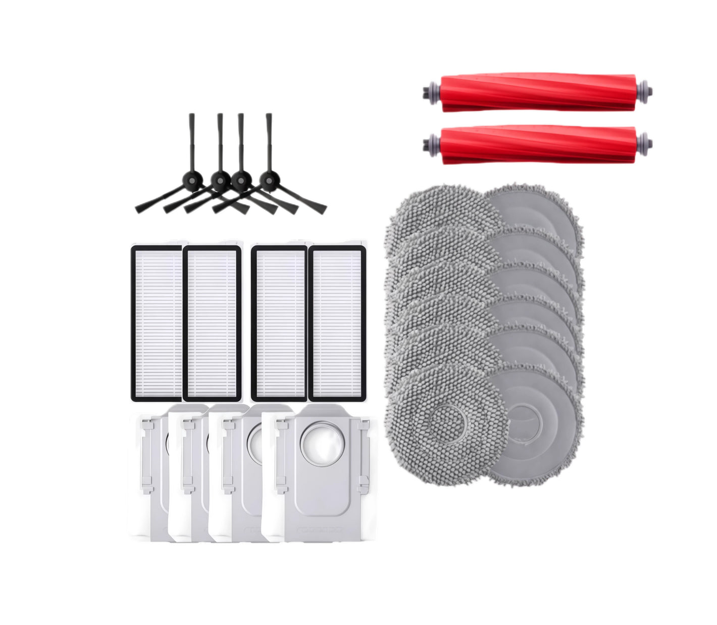 Complete Roborock Qrevo MaxV/Qrevo S accessory kit including main roller brushes, side brushes, HEPA filters, washable mop pads, and cleaning solution bottles – compatible replacement parts for Roborock Qrevo MaxV/Qrevo S robot vacuum