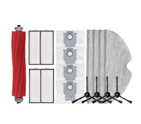 Complete Roborock Q7 Max  accessory kit including main roller brushes, side brushes, HEPA filters, washable mop pads, and cleaning solution bottles – compatible replacement parts for Roborock Q7 Max  robot vacuum