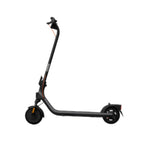 A sleek side profile of the Segway E2 Plus electric KickScooter in a stylish matte black finish with orange accents, isolated on a white background.