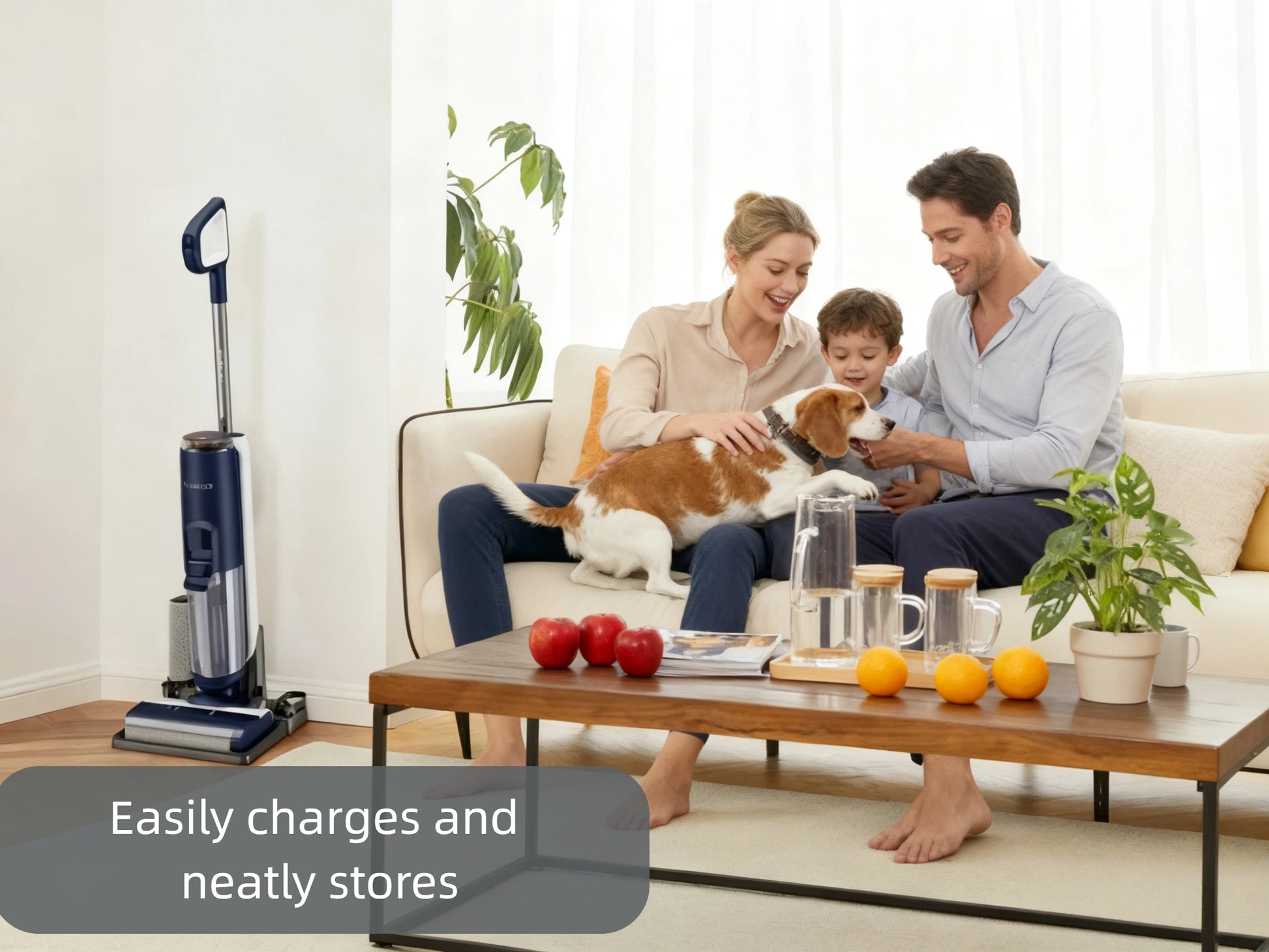 The Tineco FLOOR ONE S5 PLUS is shown in its charging dock in a living room, illustrating how it easily charges and stores neatly while a happy family relaxes in the background.