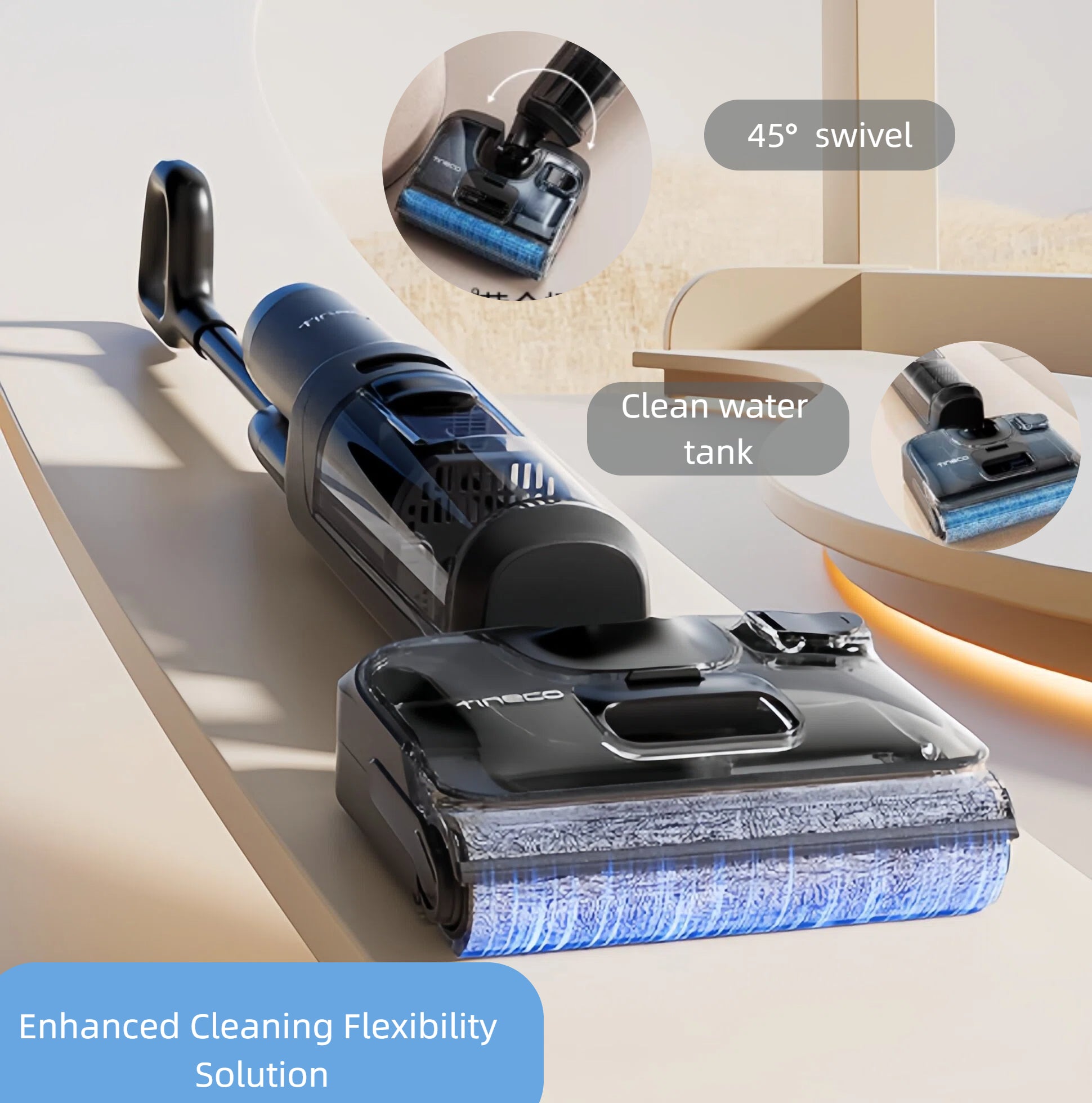 The Tineco FLOOR ONE S6 Stretch Pro demonstrates its enhanced cleaning flexibility and maneuverability with a 45° swivel head and an easily accessible clean water tank.