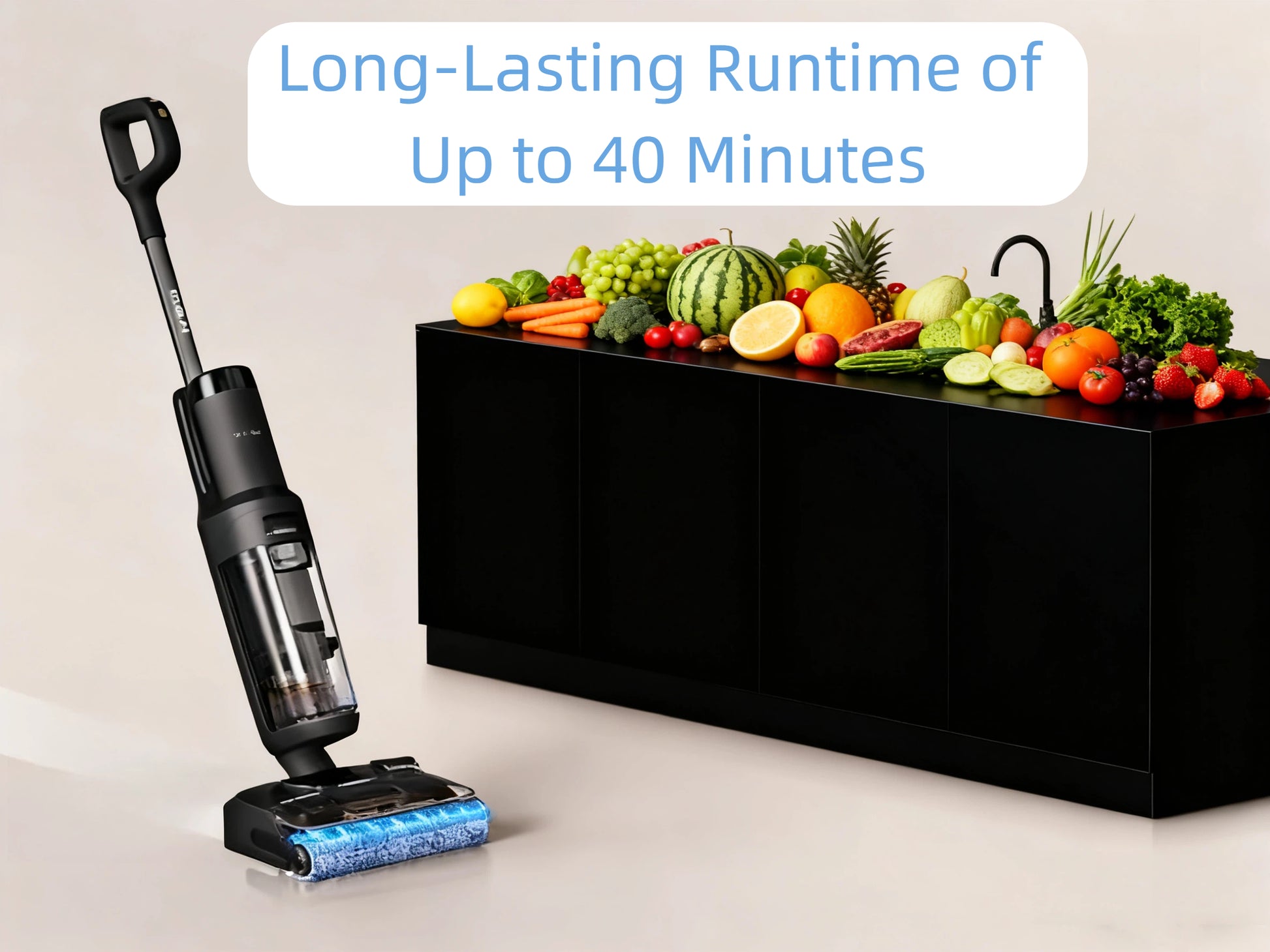 The Tineco FLOOR ONE S6 Stretch Pro is shown in a modern kitchen setting, emphasizing its long-lasting runtime of up to 40 minutes, which is perfect for cleaning the entire home on a single charge.