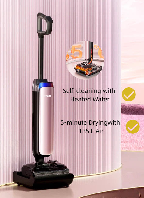 Tineco FLOOR ONE S7 Artist on its charging and self-cleaning base, with an inset graphic showing the brush being cleaned with heated water and dried in 5 minutes with 185°F air for complete maintenance.