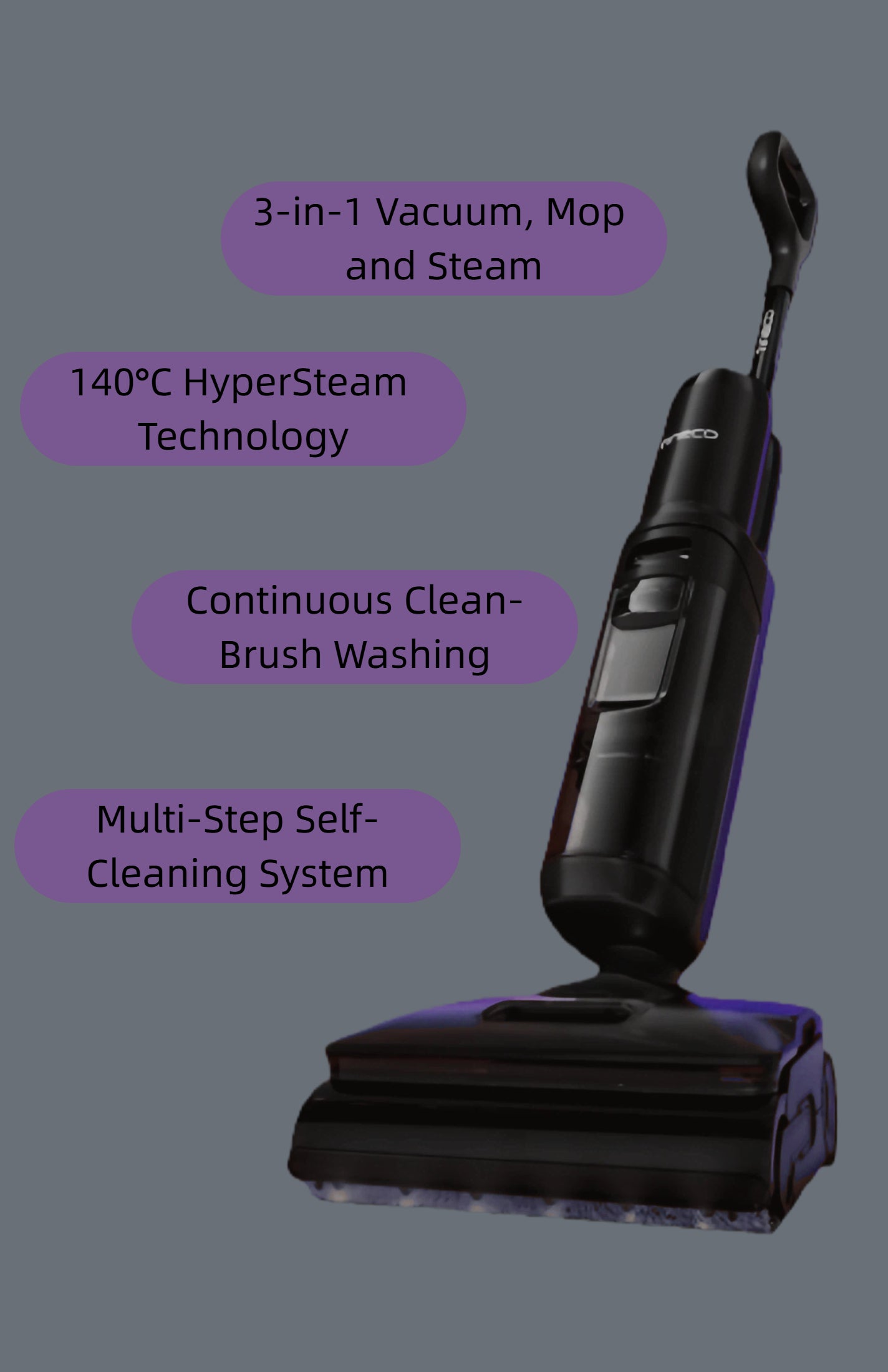 Key features of the Tineco FLOOR ONE S7 Steam are listed, including its 3-in-1 vacuum, mop, and steam functions, 140°C HyperSteam Technology, continuous clean-brush washing, and a multi-step self-cleaning system.
