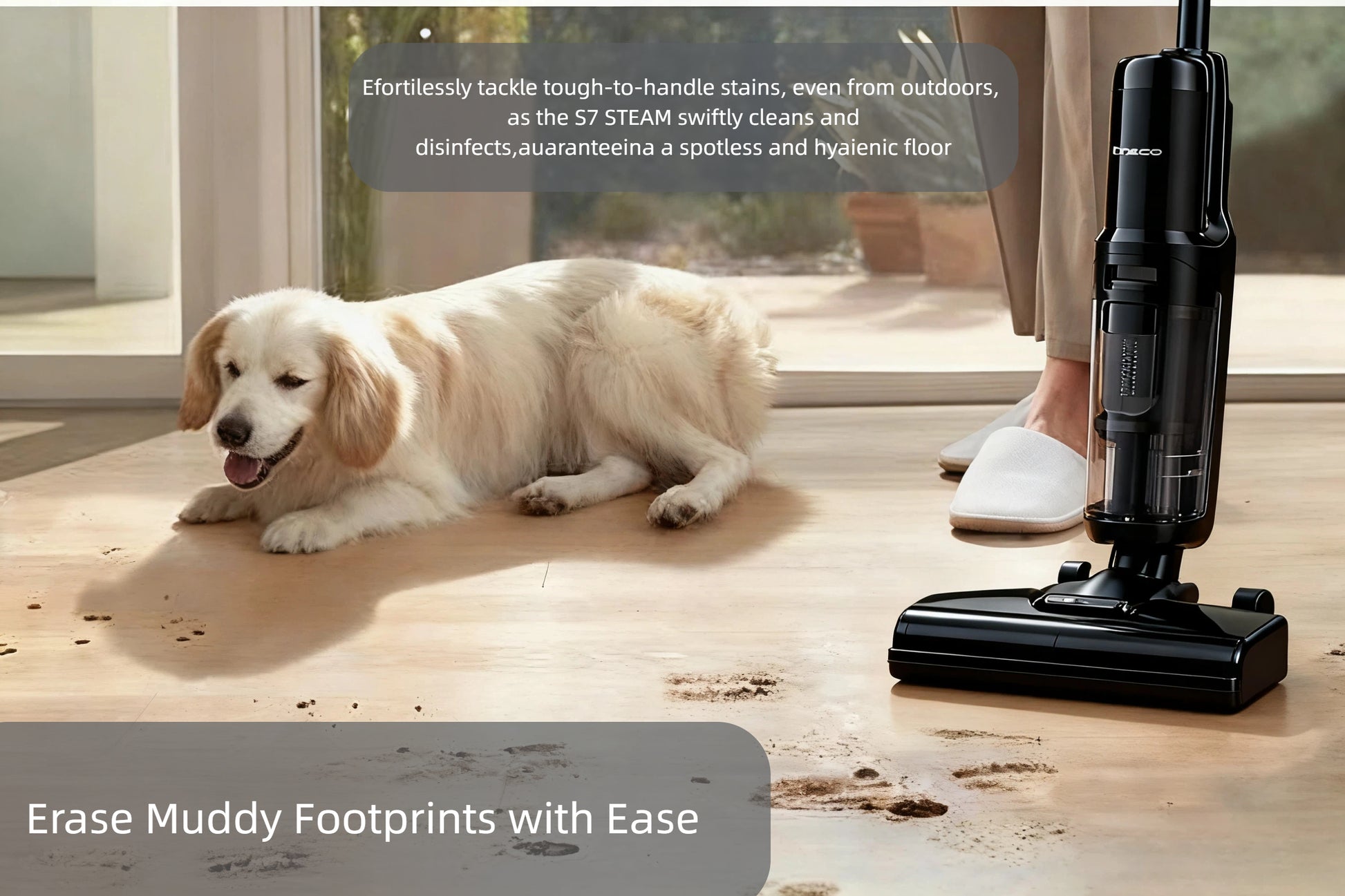 The Tineco FLOOR ONE S7 Steam cleaner effortlessly removes muddy paw prints left by a dog, demonstrating its power to clean and disinfect tough, stuck-on messes for a spotless and hygienic floor.