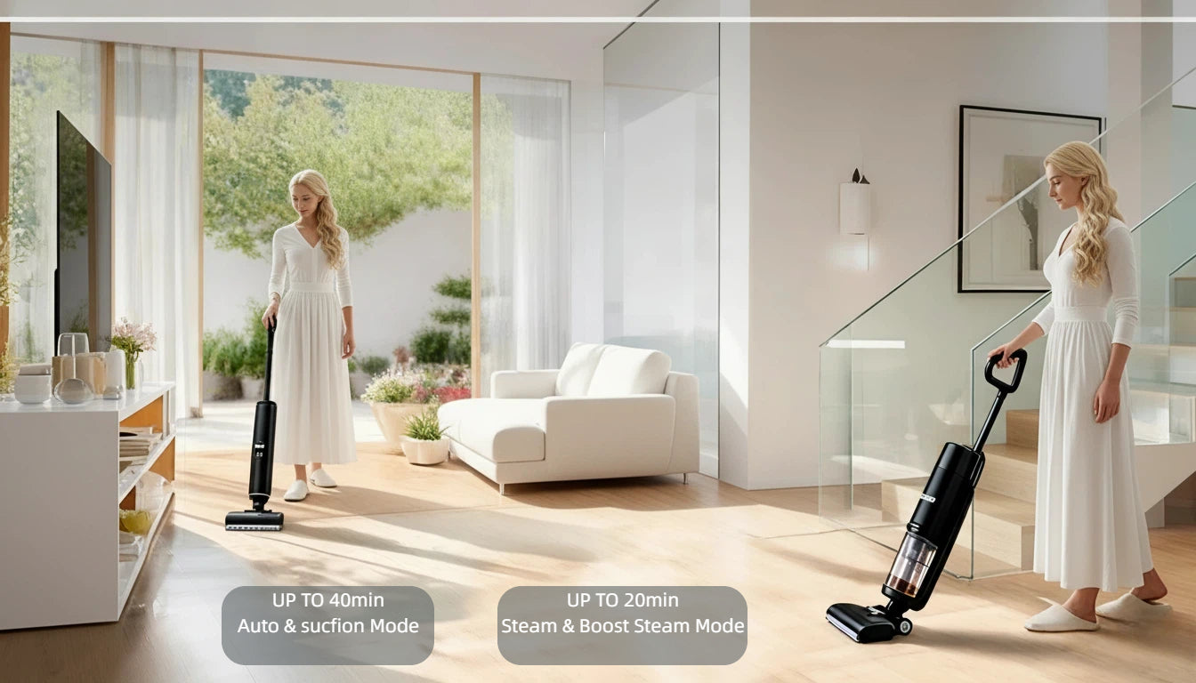 A woman cleans a spacious, modern home with the Tineco FLOOR ONE S7 Steam, illustrating its versatile cleaning modes with up to 40 minutes of runtime in Auto mode and up to 20 minutes in Steam Boost mode.