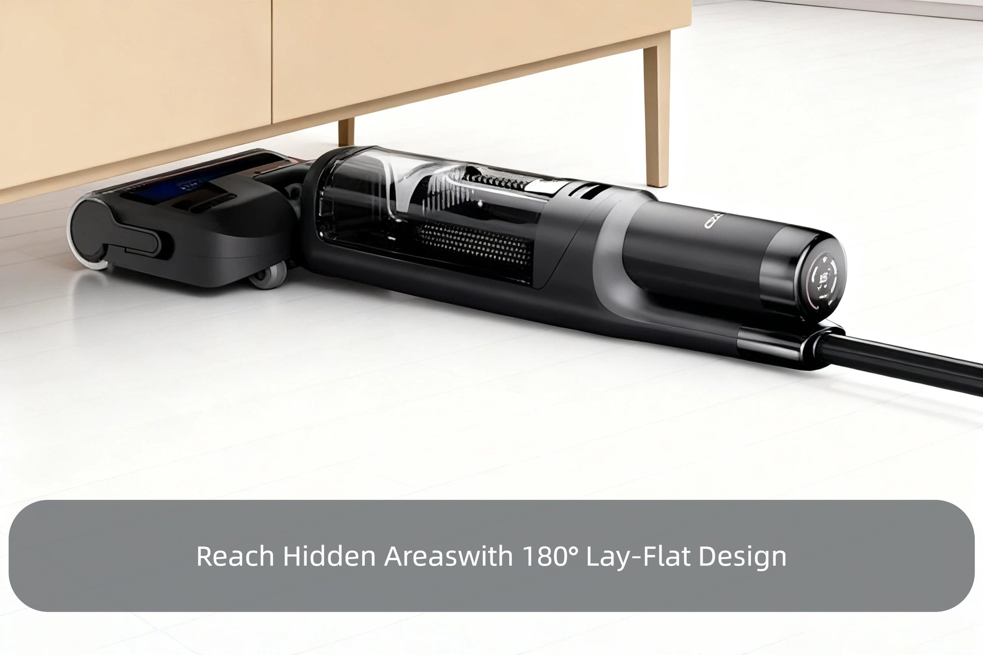 The Tineco FLOOR ONE S7 Stretch showcases its flexible 180° lay-flat design, allowing it to glide effortlessly under low furniture to clean hidden dust and debris.