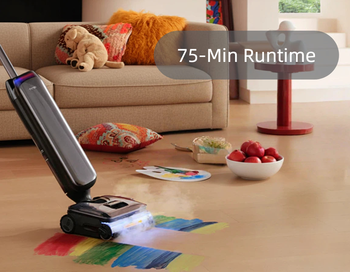 The Tineco FLOOR ONE S9 Artist Pro cleaning a colorful mess in a living room, highlighting its long 75-minute runtime for uninterrupted, whole-home cleaning