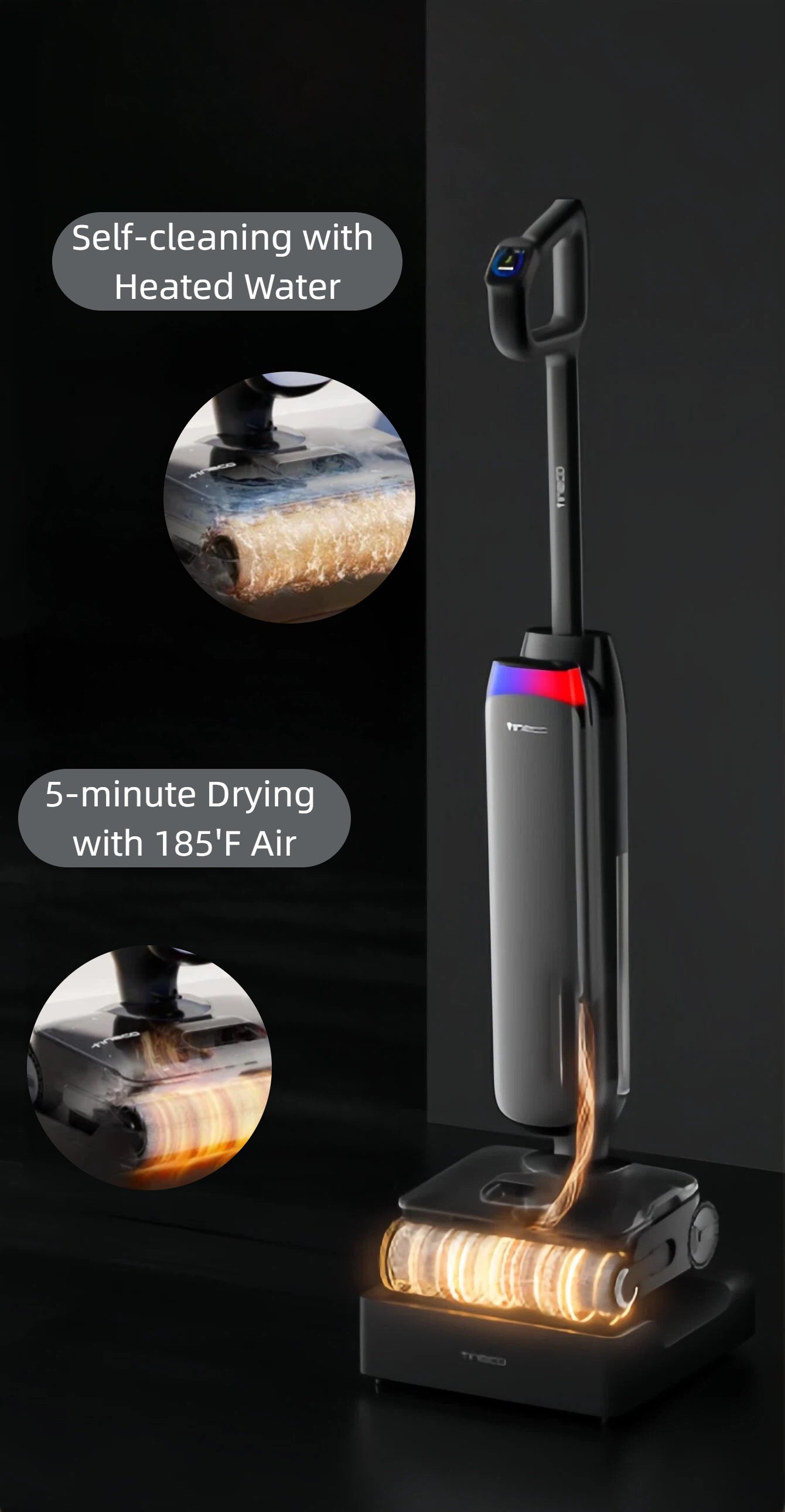 Key features of the Tineco FLOOR ONE S9 Artist are displayed, including its self-cleaning function with heated water and a 5-minute drying cycle using 185°F air to maintain the brush roll.