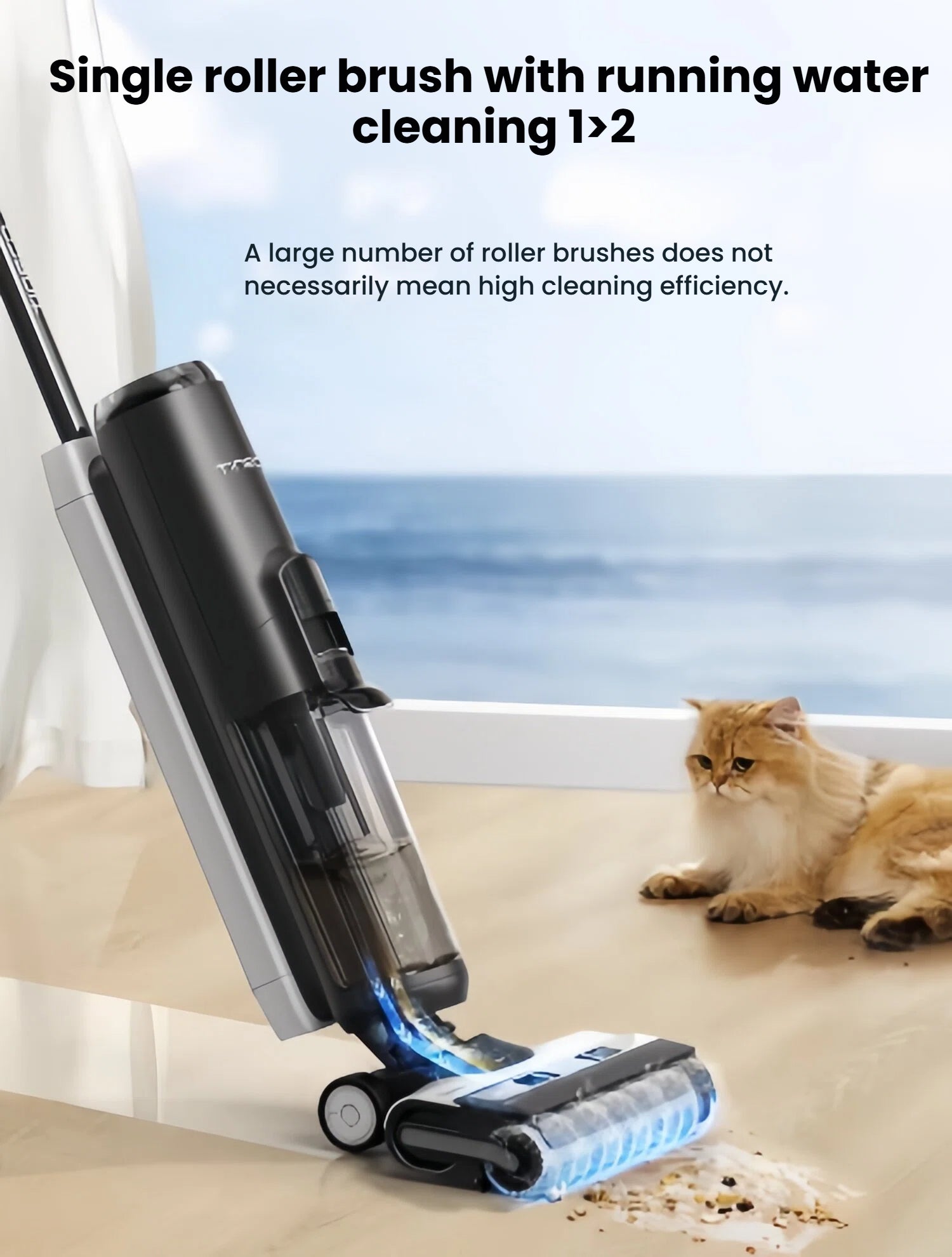 The Tineco iFLOOR U5 Stretch hard floor cleaner effortlessly cleaning up pet messes with its efficient single roller brush, demonstrating that more brushes don't always mean better performance. A cat is resting in the background.