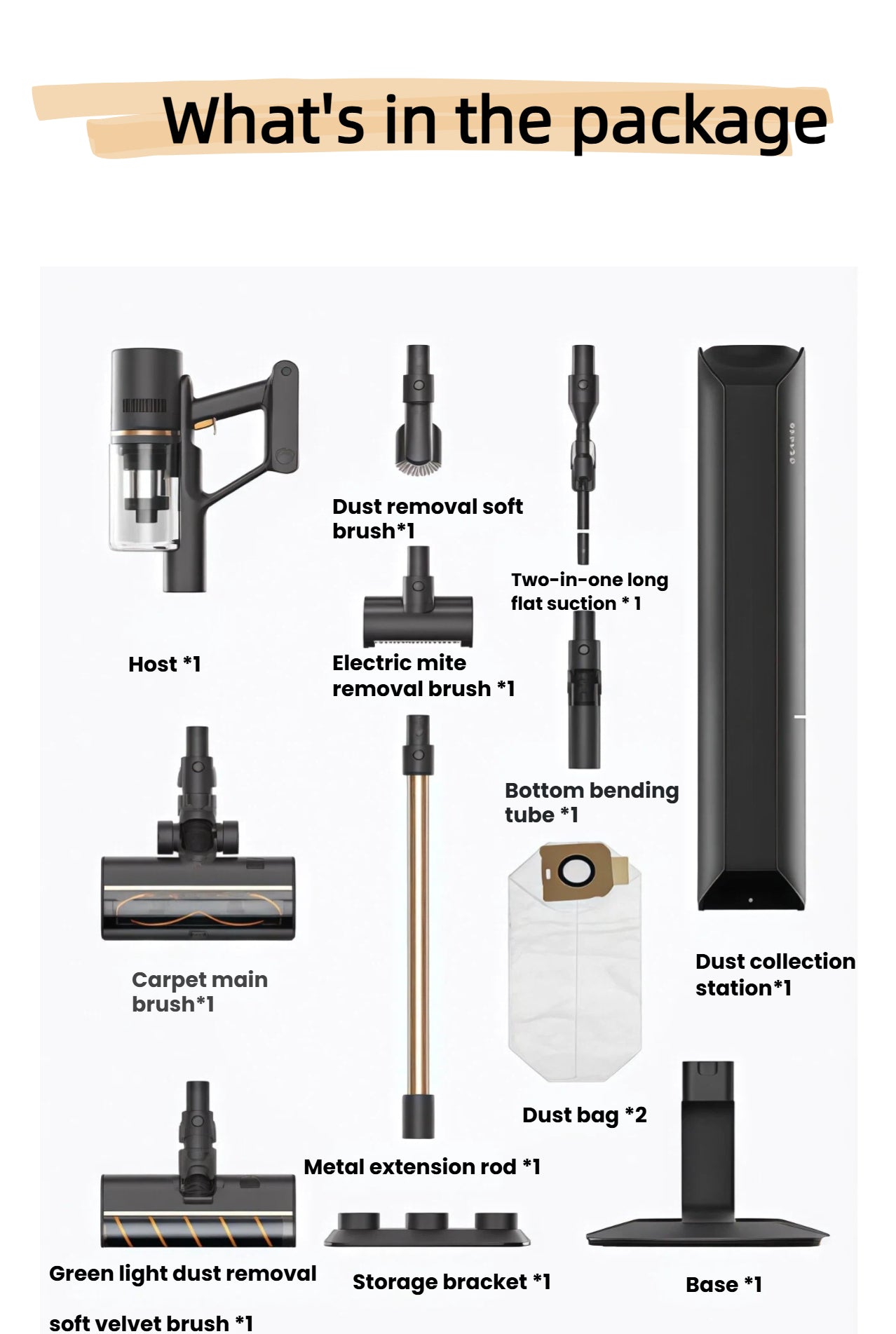 A detailed layout of all components included in the Dreame Z20 Station package. This includes the main host, carpet brush, soft velvet brush with green light, electric mite removal brush, metal extension rod, dust collection station, and other essential accessories.