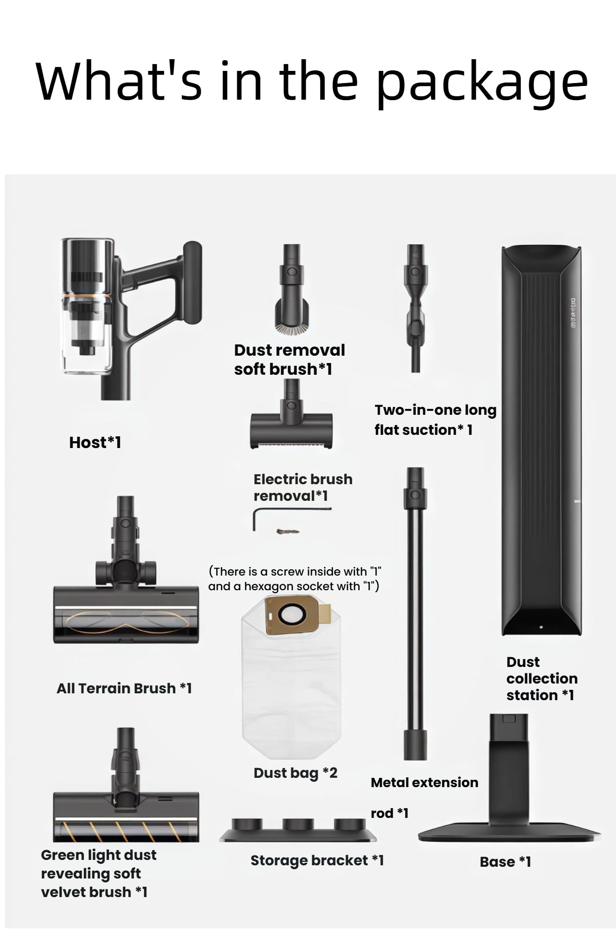 A complete overview of all items included with the Dreame Z30 Station. This includes the main host, All-Terrain Brush, Green Light Dust-Revealing Brush, dust collection station, extension rod, and various smaller attachments like the soft brush and flat suction tool.