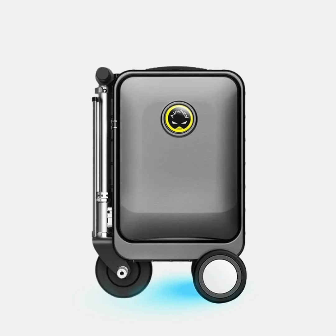 Front view of the black Airwheel SE3SL carry-on luggage in its folded configuration, highlighting its portable design and iconic logo.