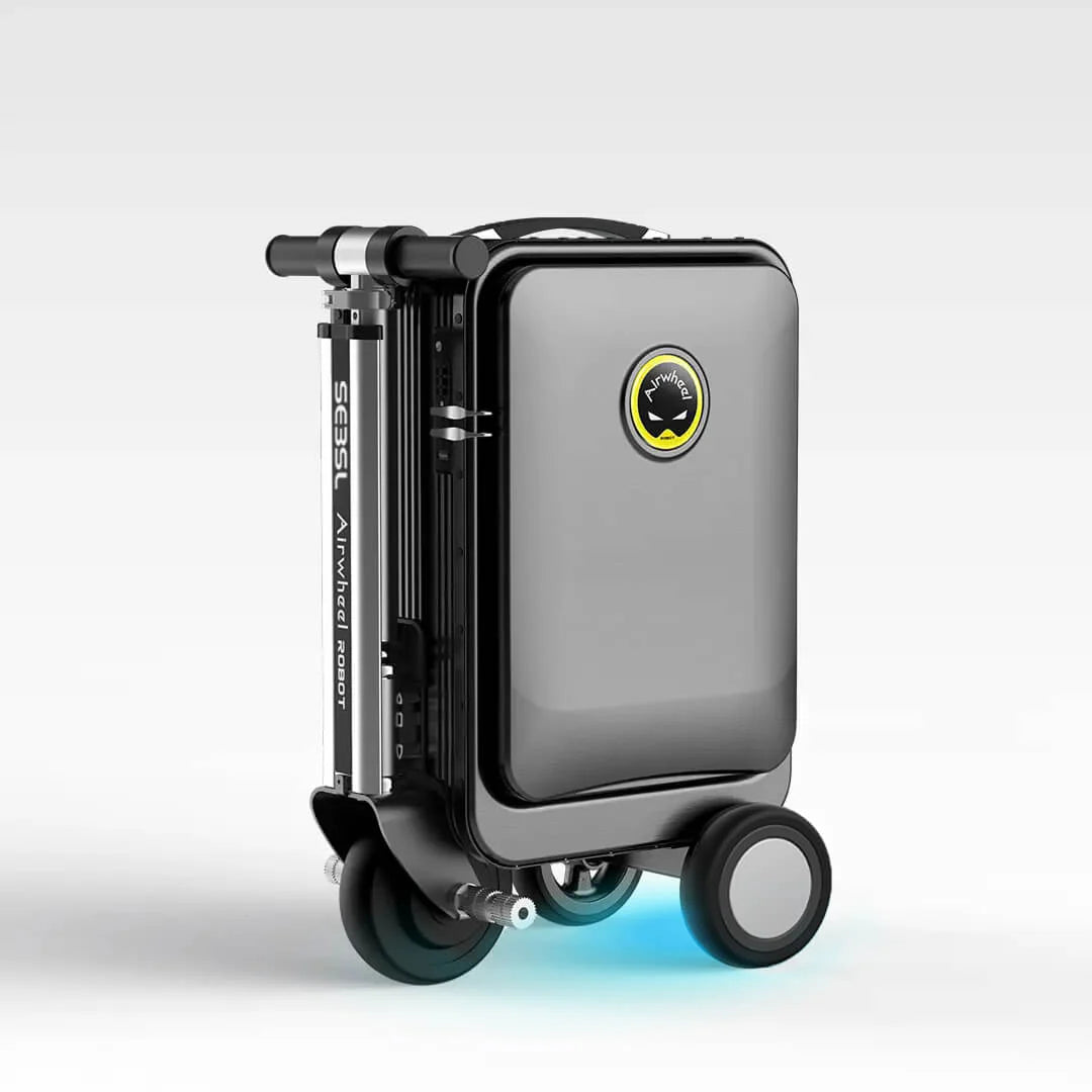The Airwheel SE3SL electric suitcase in a compact, folded state, shown in black with its blue LED light on, ready for carrying or storage.